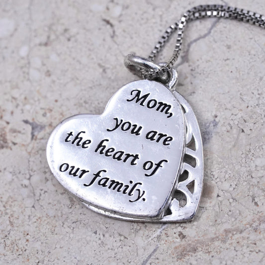 18”, Sterling silver necklace, 925 box chain heart mom you are the heart
