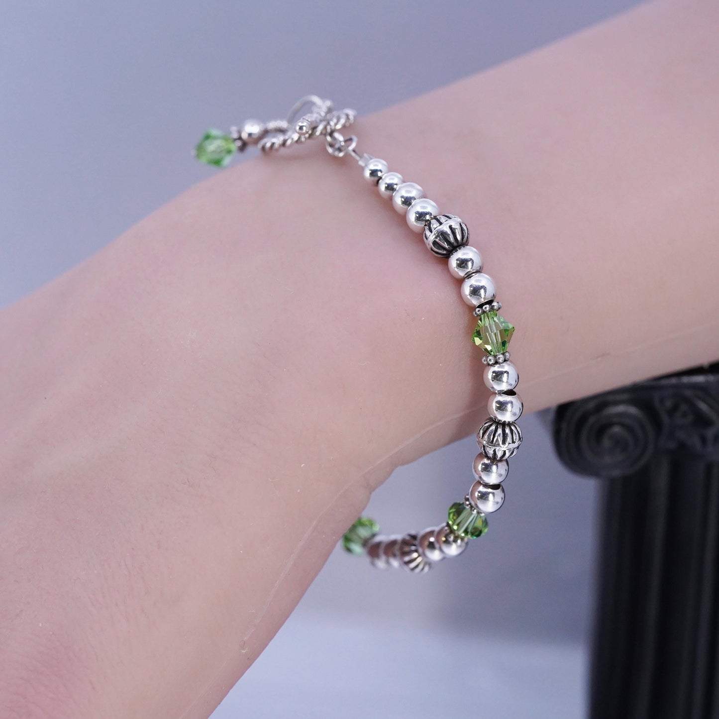 7", vintage Sterling 925 silver bracelet w/ green crystal beads toggle closure