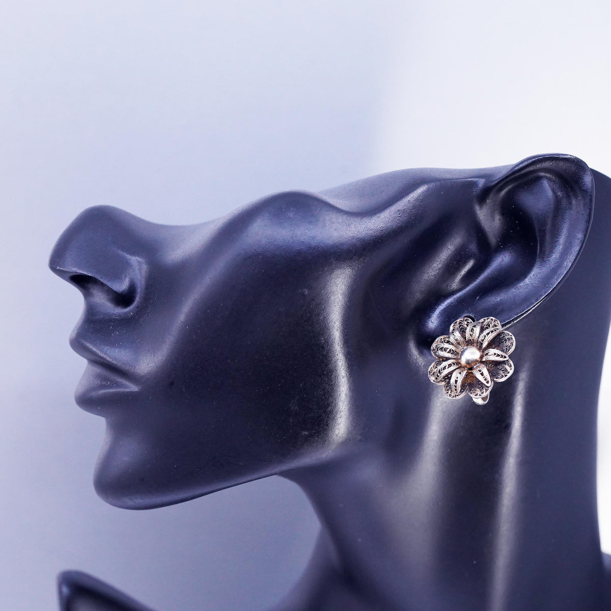 Vintage Vermeil Gold Over Sterling 925 Silver Filigree Screw Back Earrings Rose Flower