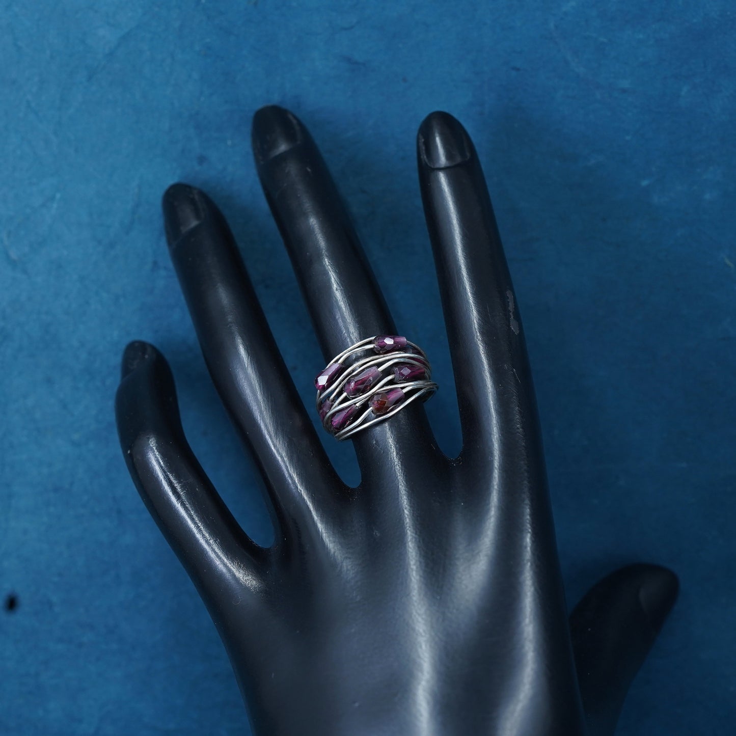 Size 5.5, vintage sterling silver handmade ring, 925 wired ring with ruby beads