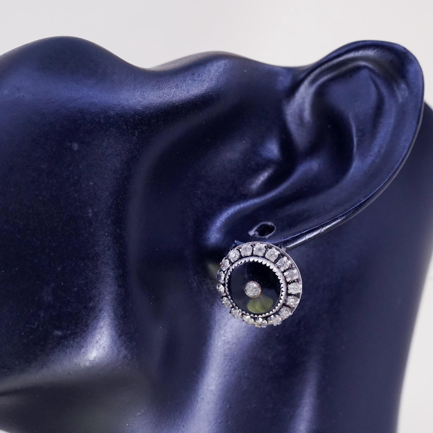 1950s sterling 925 silver earrings round screw back earrings onyx rhinestone