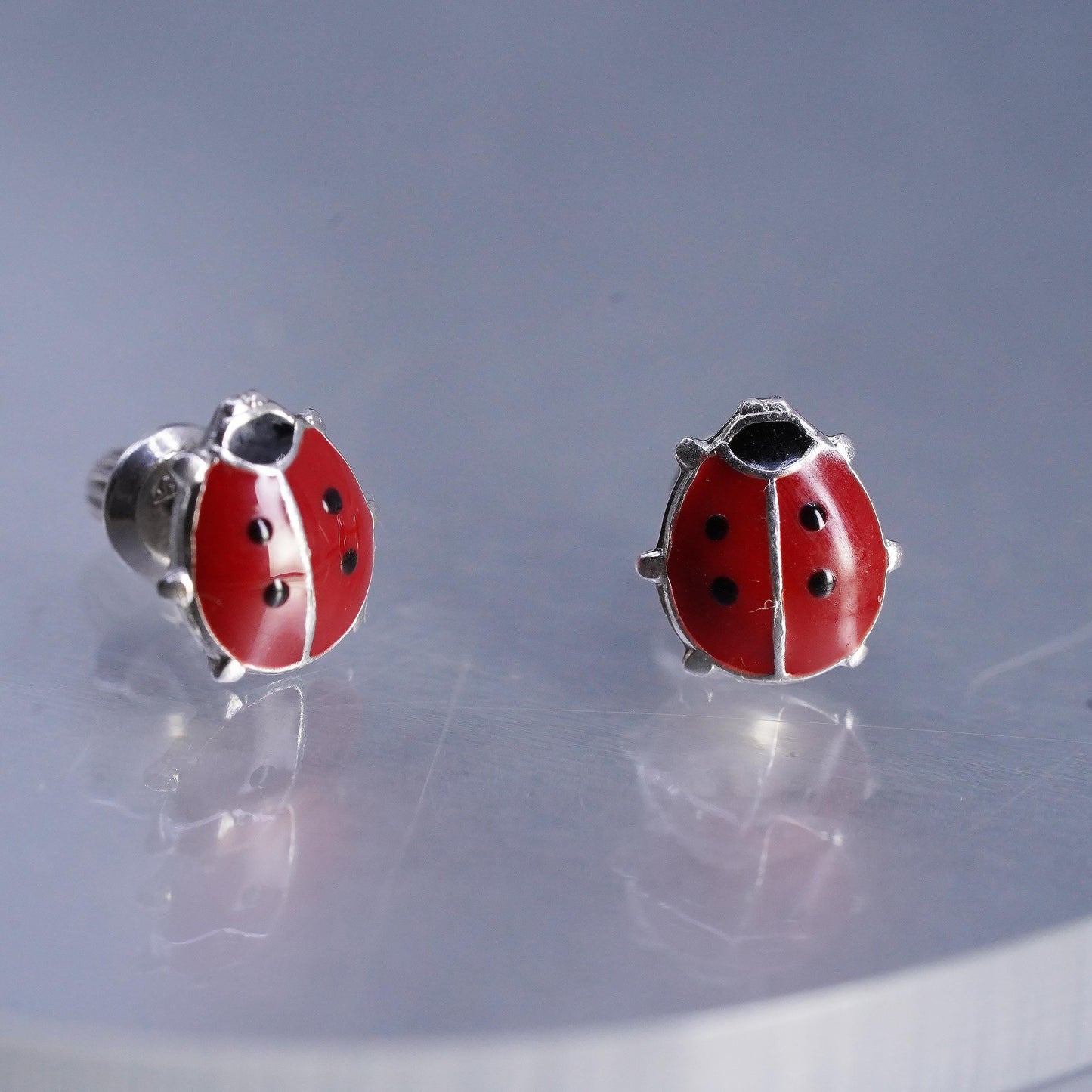 Vintage Sterling 925 silver enamel ladybug earrings, studs