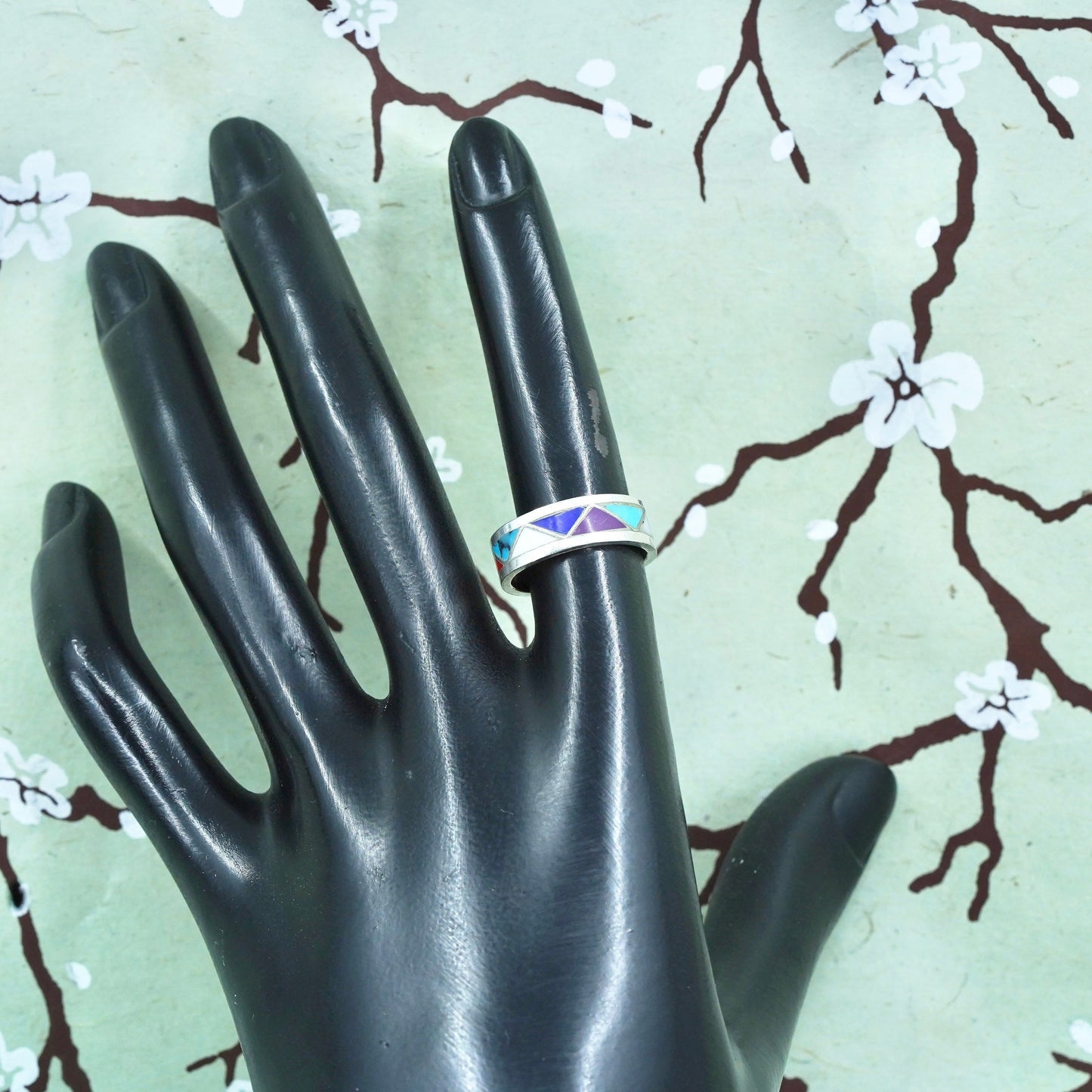 Size 5.75, Sterling silver handmade ring 925 zig zag band turquoise coral inlay