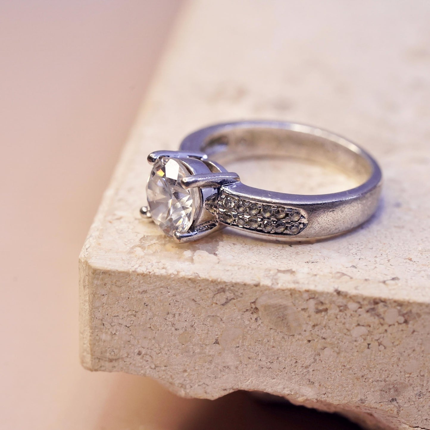Size 7.25, vintage Sterling 925 silver engagement anniversary ring cluster Cz