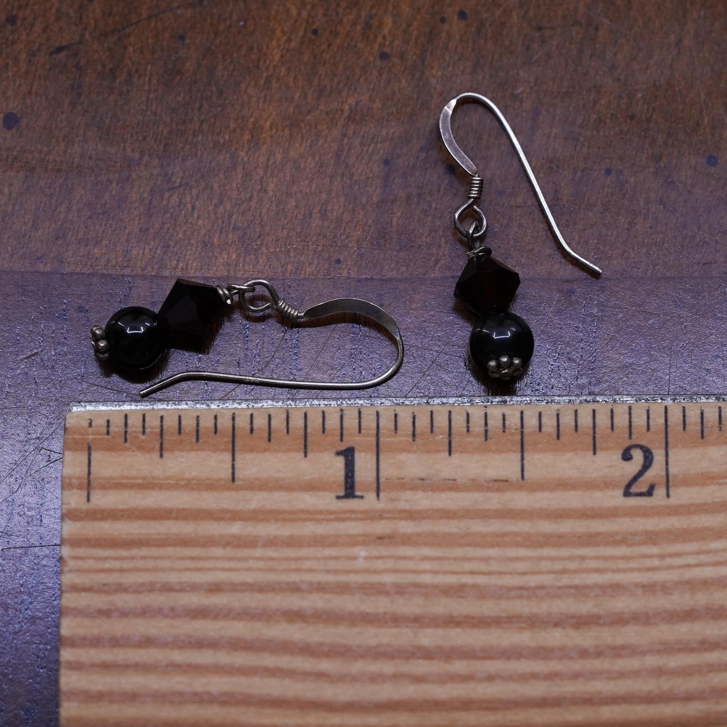 Vintage Sterling silver handmade earrings, 925 disc with garnet beads