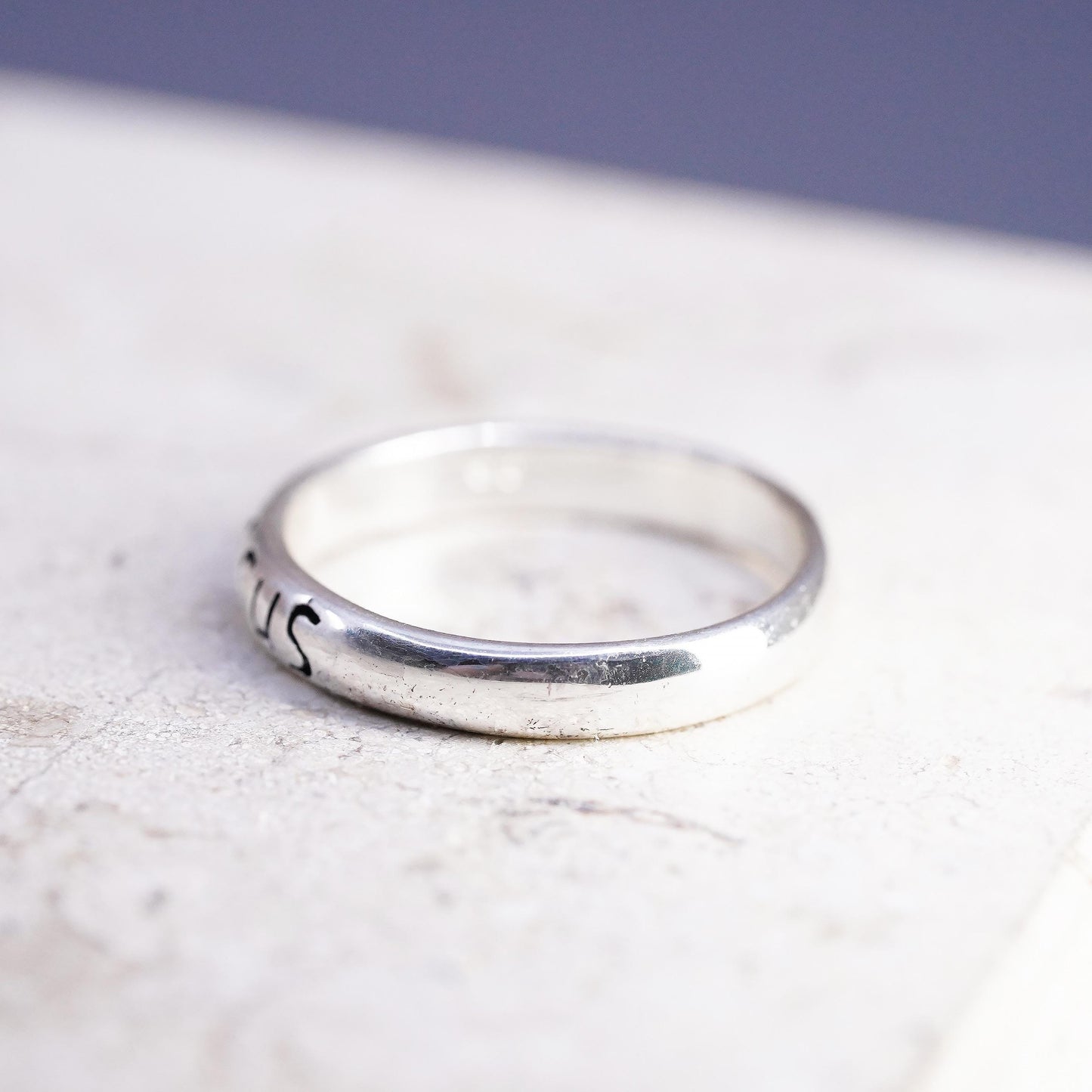 Size 8, vintage sterling silver handmade ring, 925 band with Jesus embossed