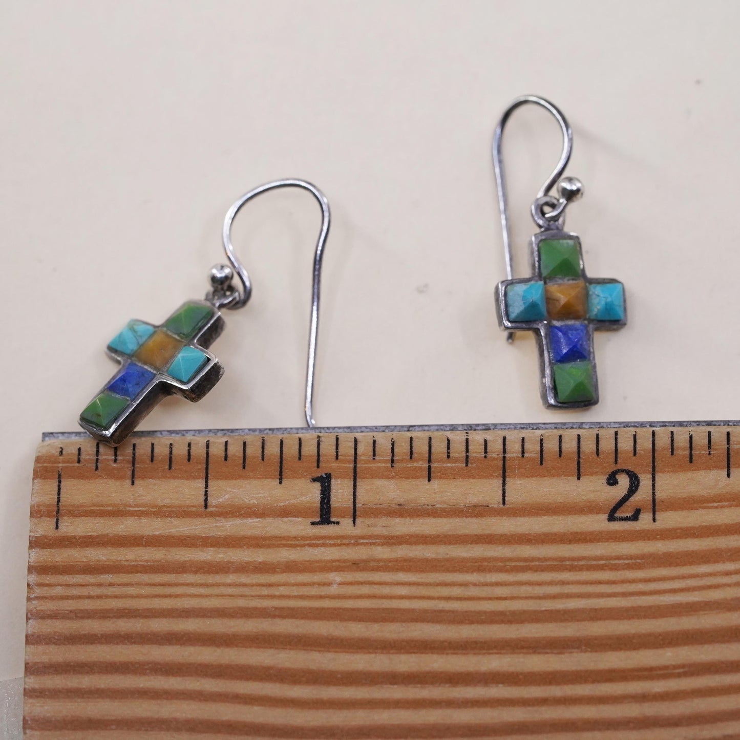 Native American Sterling 925 silver handmade earrings, cross coral turquoise