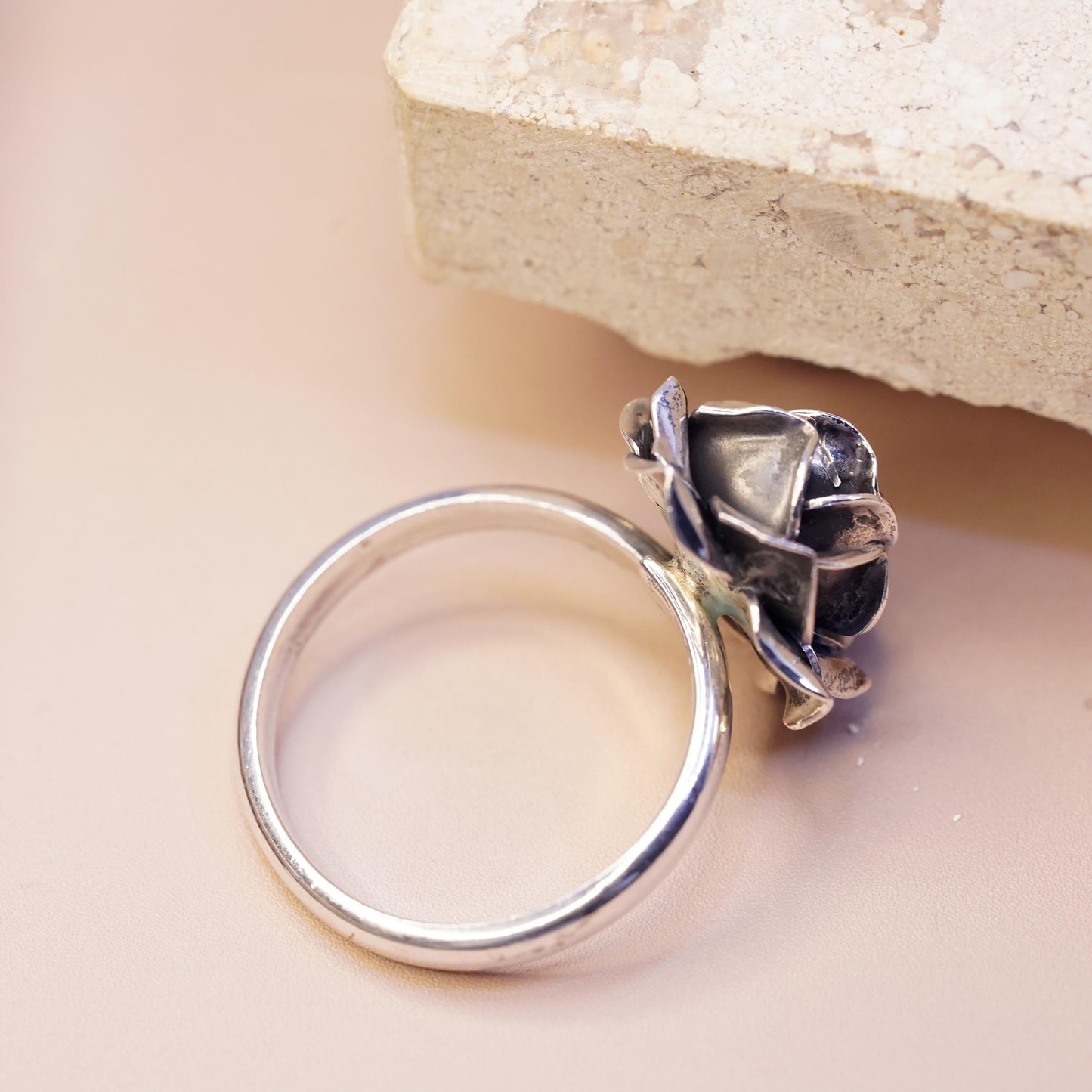Size 8.5 adjustable, vintage Mexican Sterling silver ring, 925 rose flower band