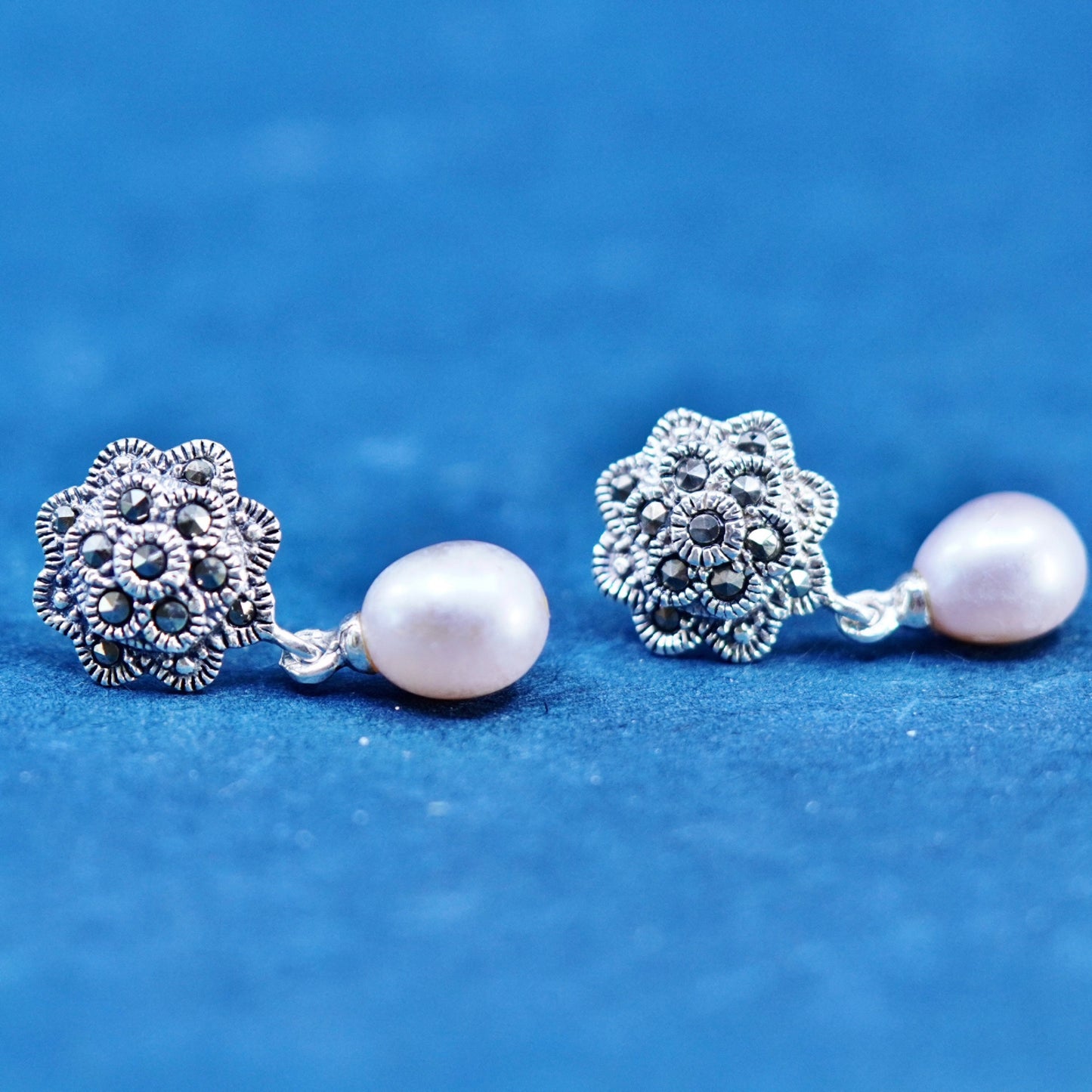 Vtg modern Sterling 925 silver handmade flower earrings with pearl beads