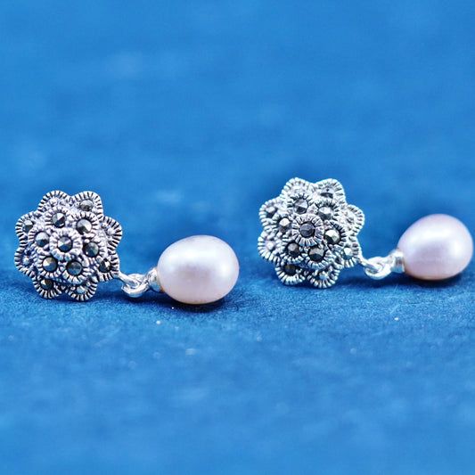 Vtg modern Sterling 925 silver handmade flower earrings with pearl beads