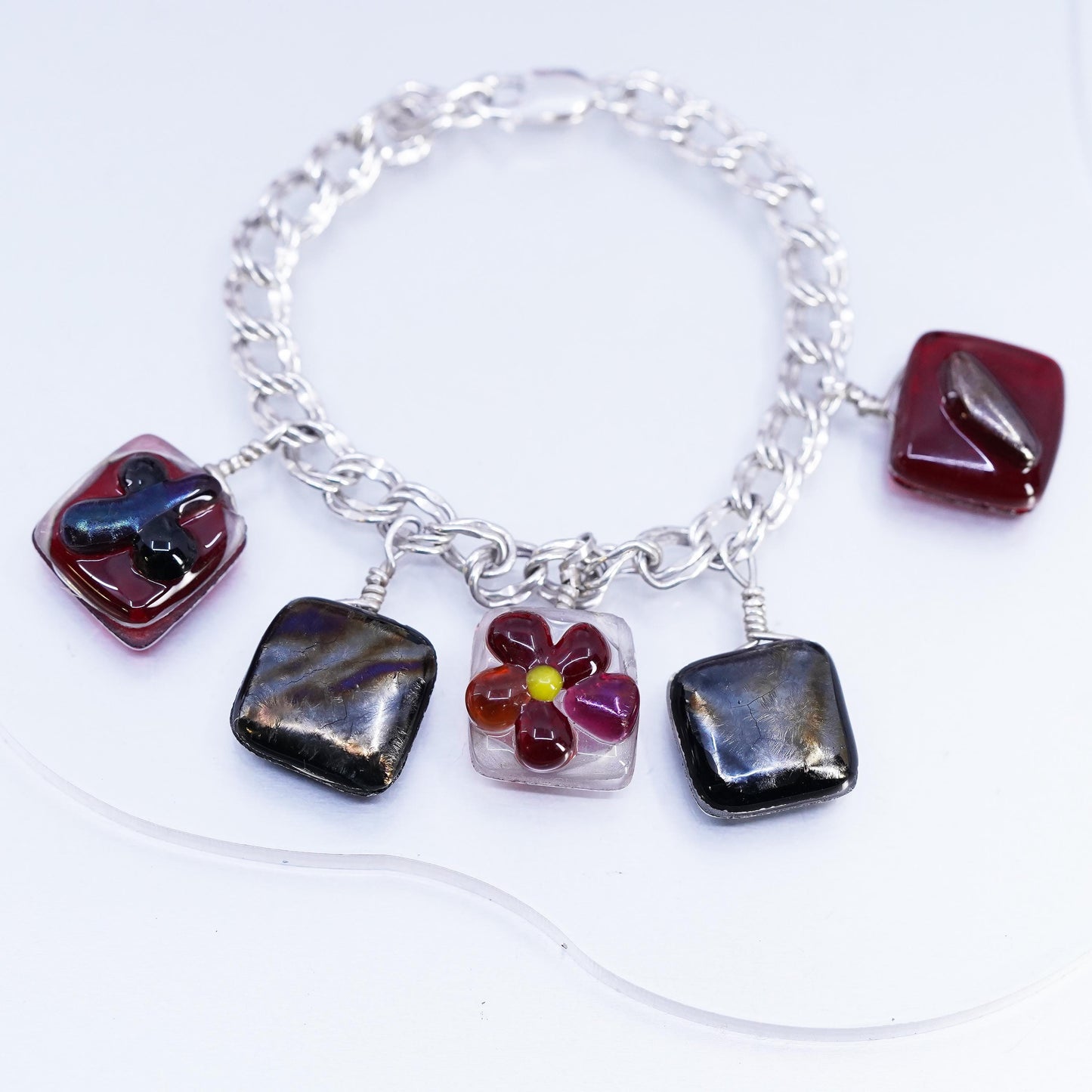 6.5” Italy Sterling 925 silver bracelet, double curb chain glass flower charms