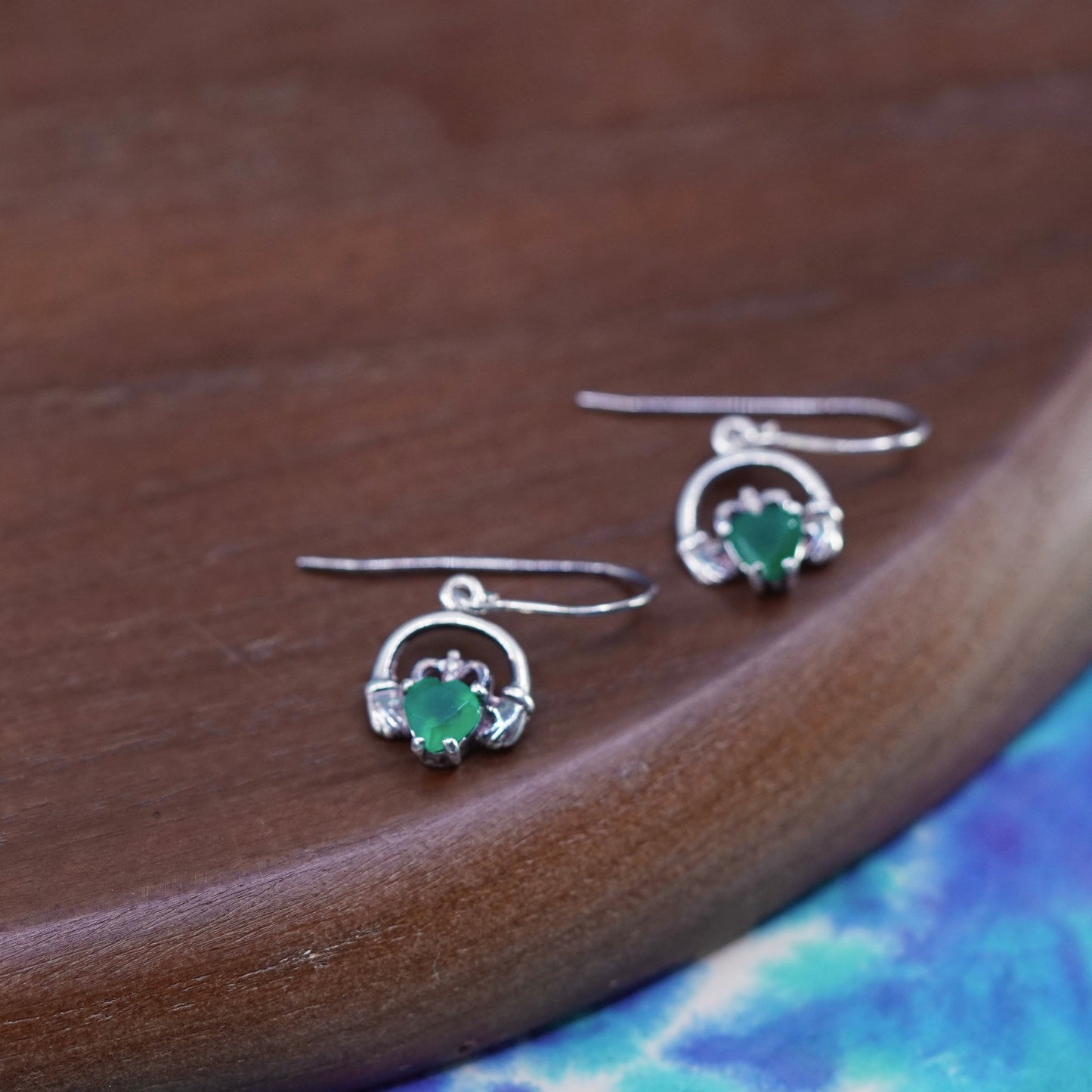 Vintage Sterling 925 silver handmade heart claddagh earrings with emerald heart