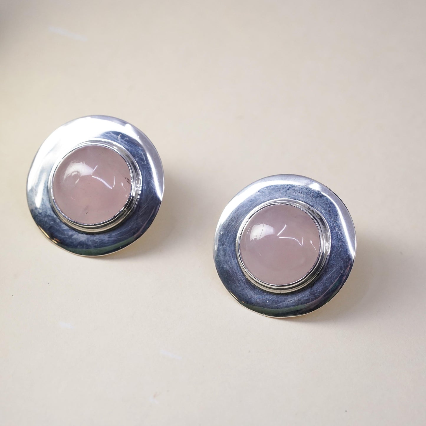 Vintage Sterling silver earrings, 925 circle studs with oval pink quartz stone