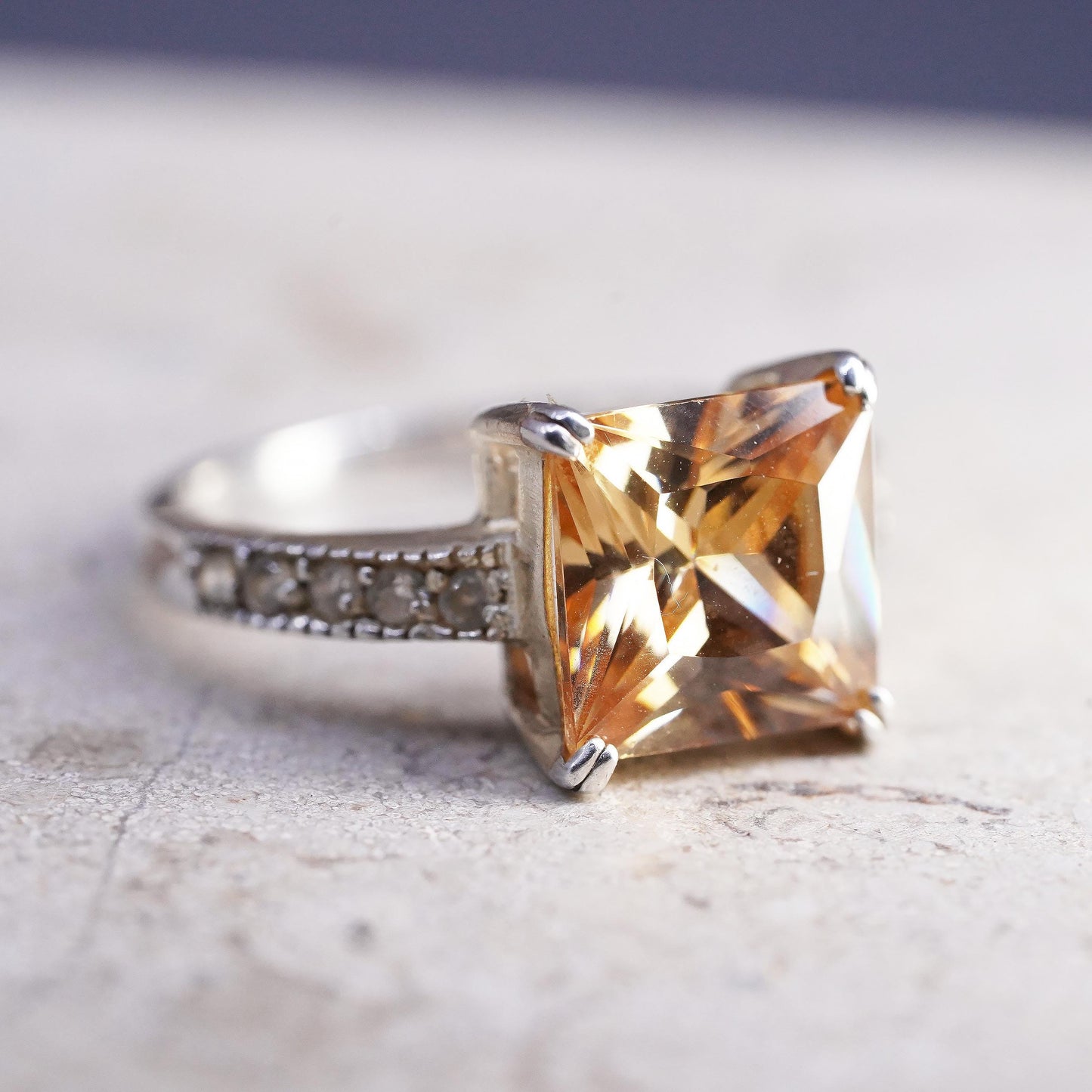 Size 8.25, VTG 925 Sterling Silver Champagne CZ Ring, Princess Solitaire Ring