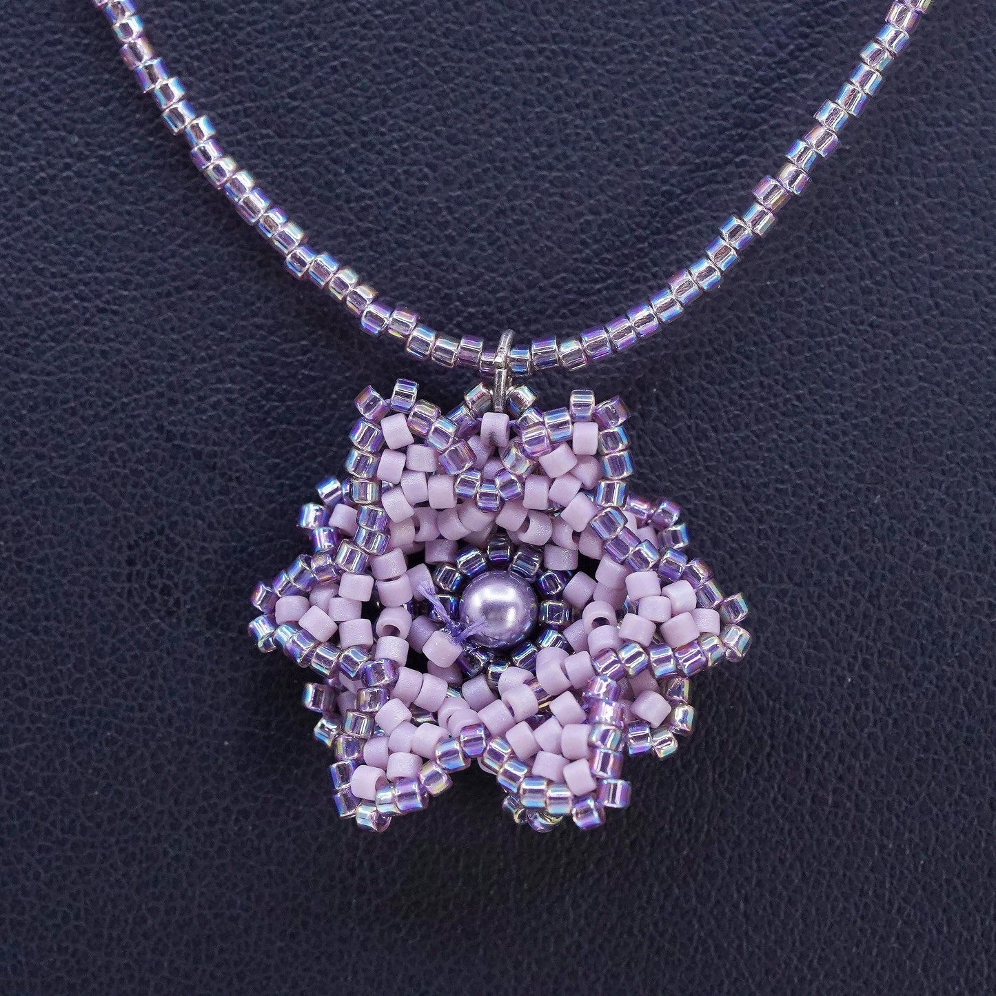 17", Sterling necklace, 925 Silver beads with lavender purple Crystal flower