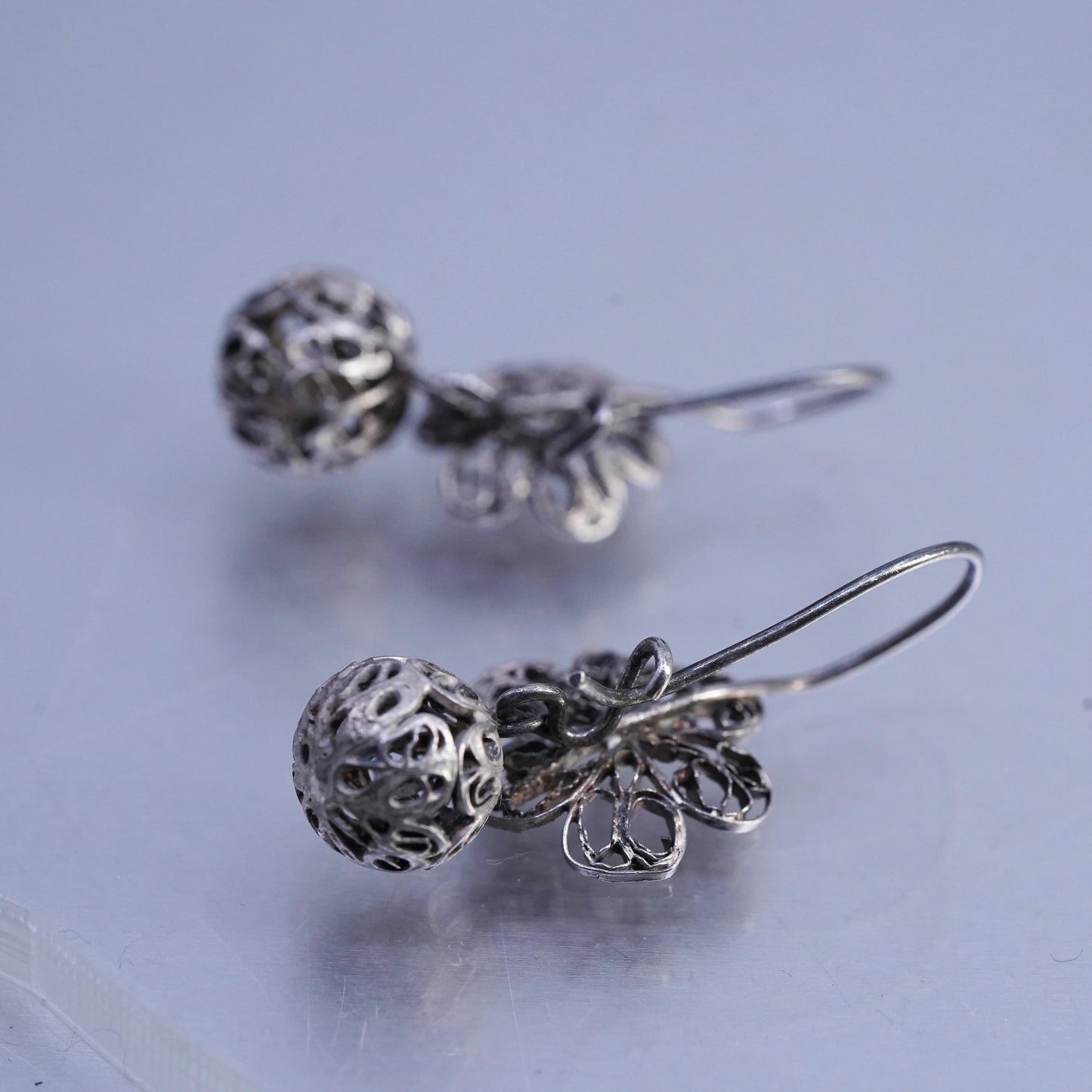 Vintage Sterling 925 silver handmade filigree flower and bead earrings