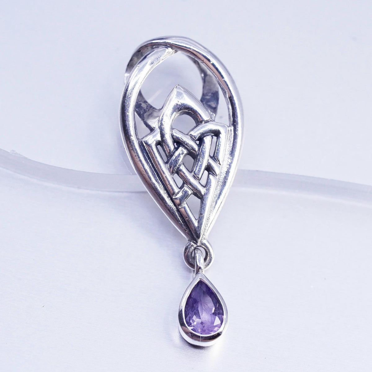 Vintage sterling 925 silver Irish Celtic knot teardrop pendant amethyst charm