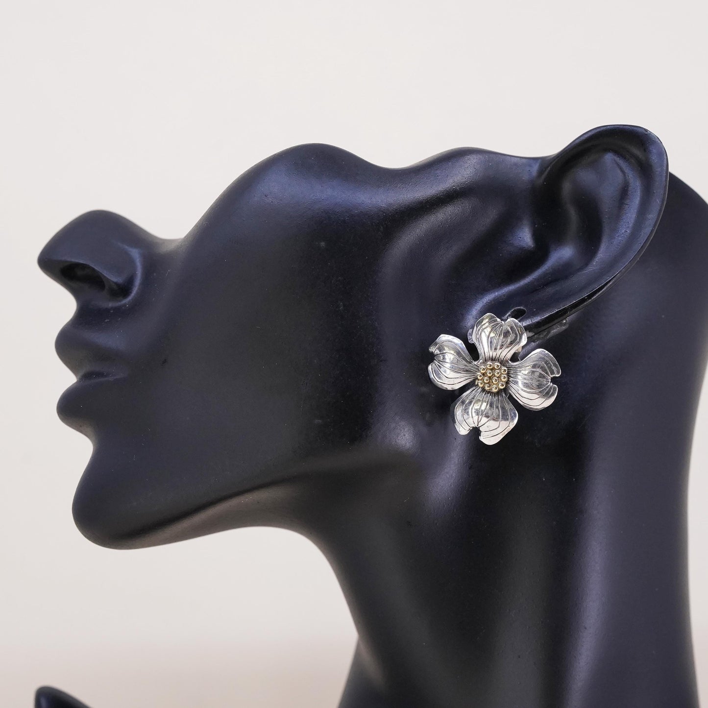 southwestern sterling silver single earring, 925 silver dogwood flower clip on