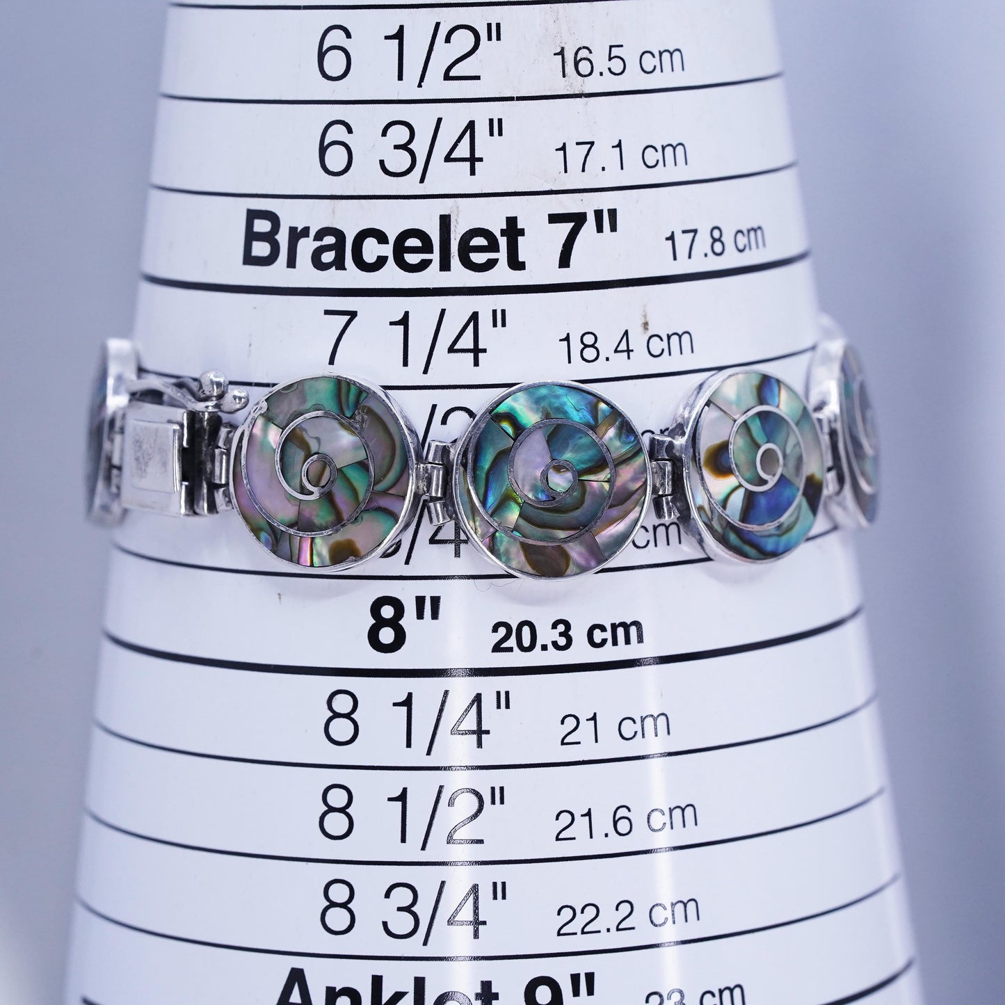 7.5”, VTG Mexican Sterling 950 silver circle link bracelet with abalone inlay