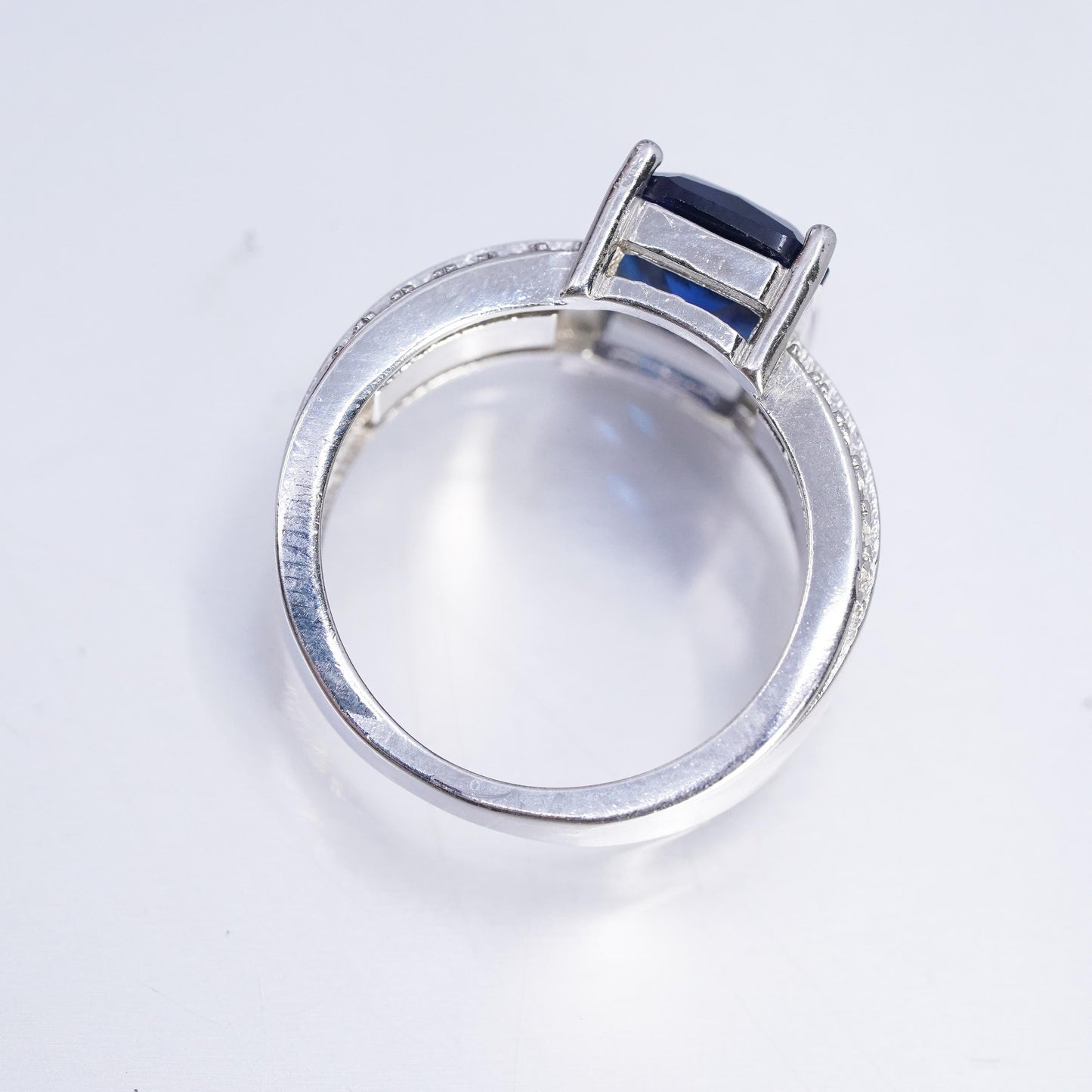 size 6, Sterling Silver Ring, 925 Ring emerald cut blue Sapphire glass cz