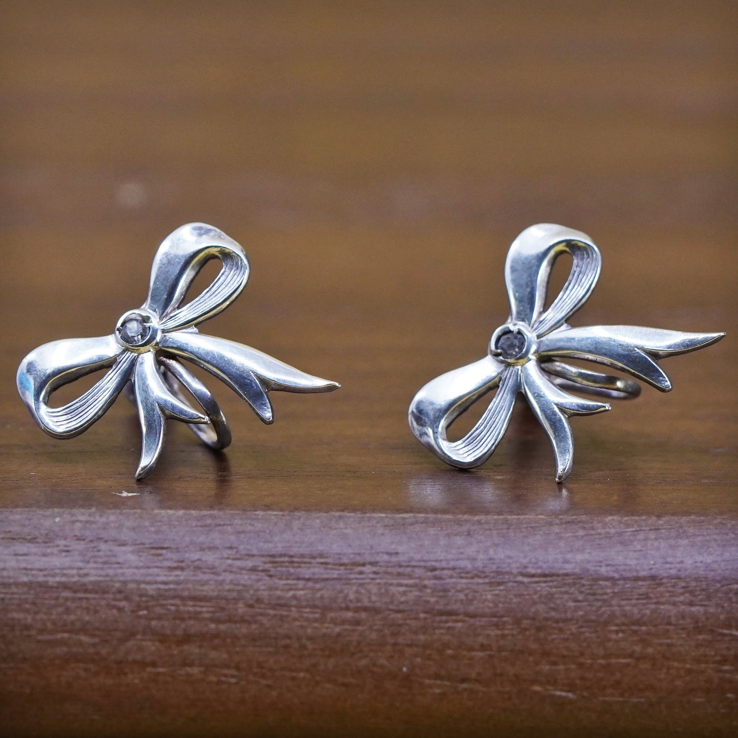 Vintage Sterling silver handmade screw back earrings, 925 ribbon bow