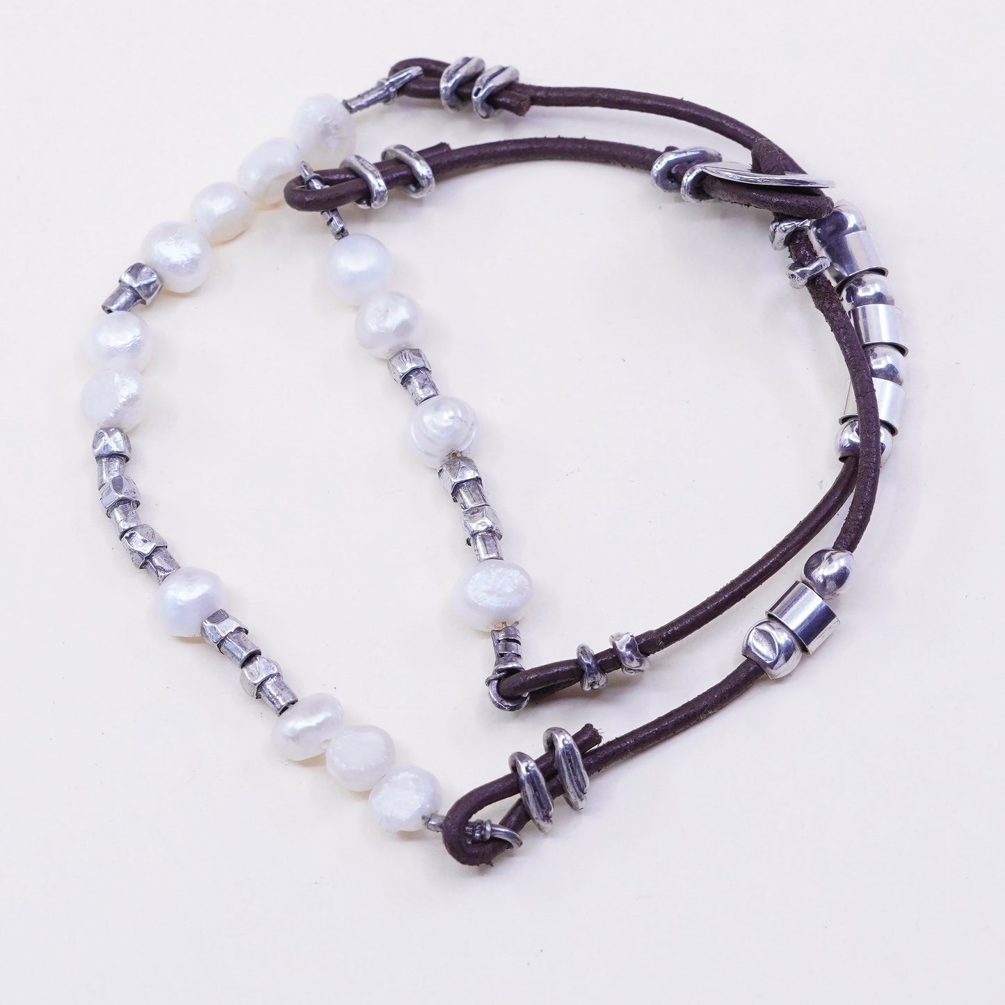 Retired Silpada Brown Leather Pearl Sterling 925 silver Bead Necklace N1063