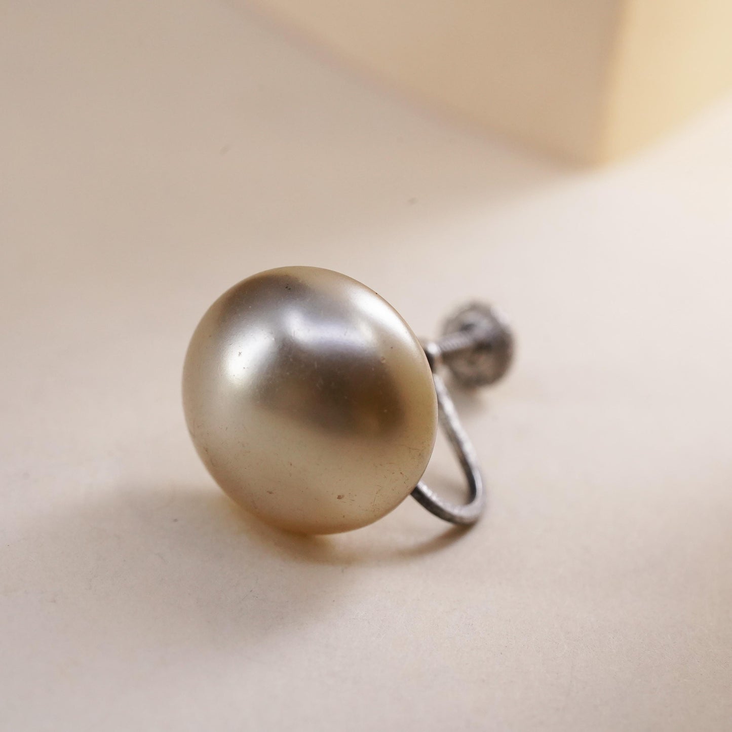 Vintage sterling silver handmade single earring, 925 screw back with faux pearl