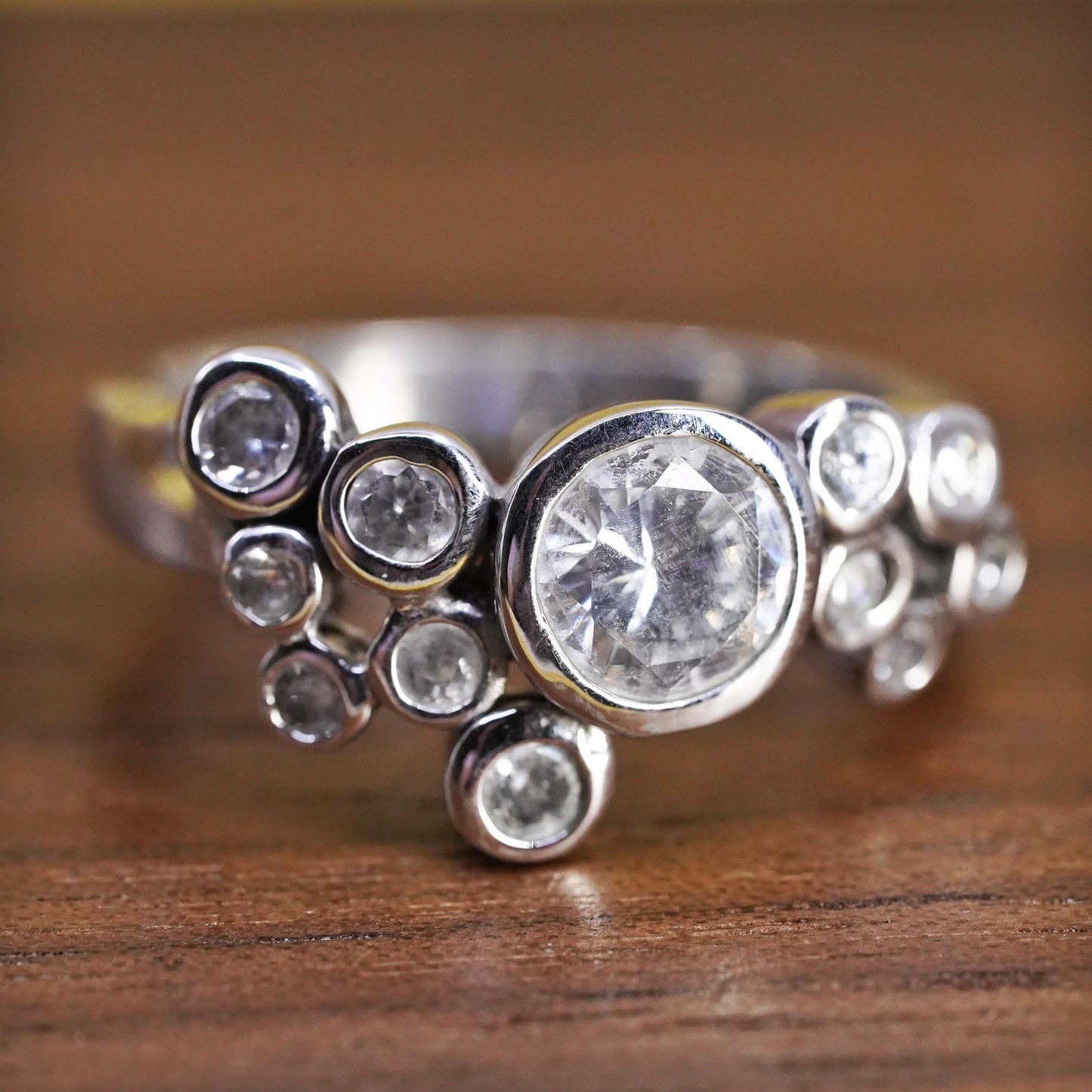 Size 8.25, vintage Sterling 925 silver anniversary engagement ring cluster cz