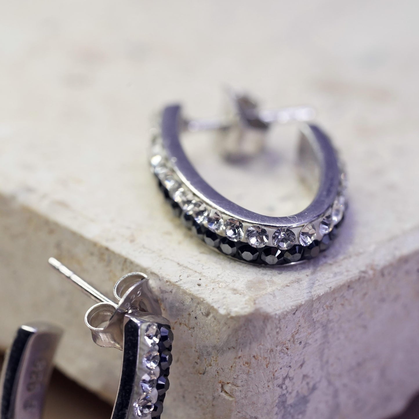 Vintage Sterling silver handmade earrings, 925 huggie studs with cluster cz