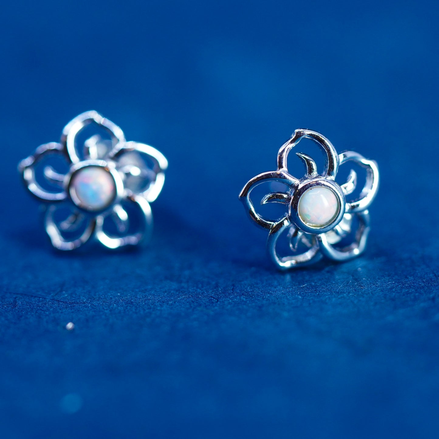 Vintage sterling silver handmade earrings, 925 flower studs with opal