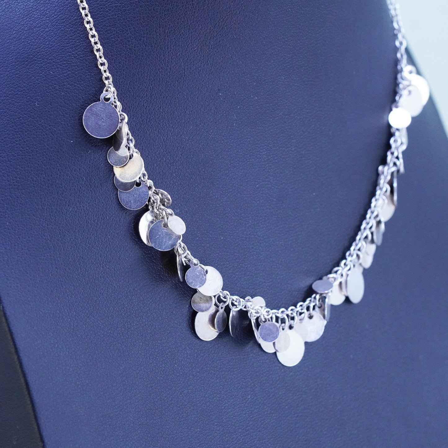 15", vintage Sterling 925 Silver handmade circle Necklace cluster disc charms