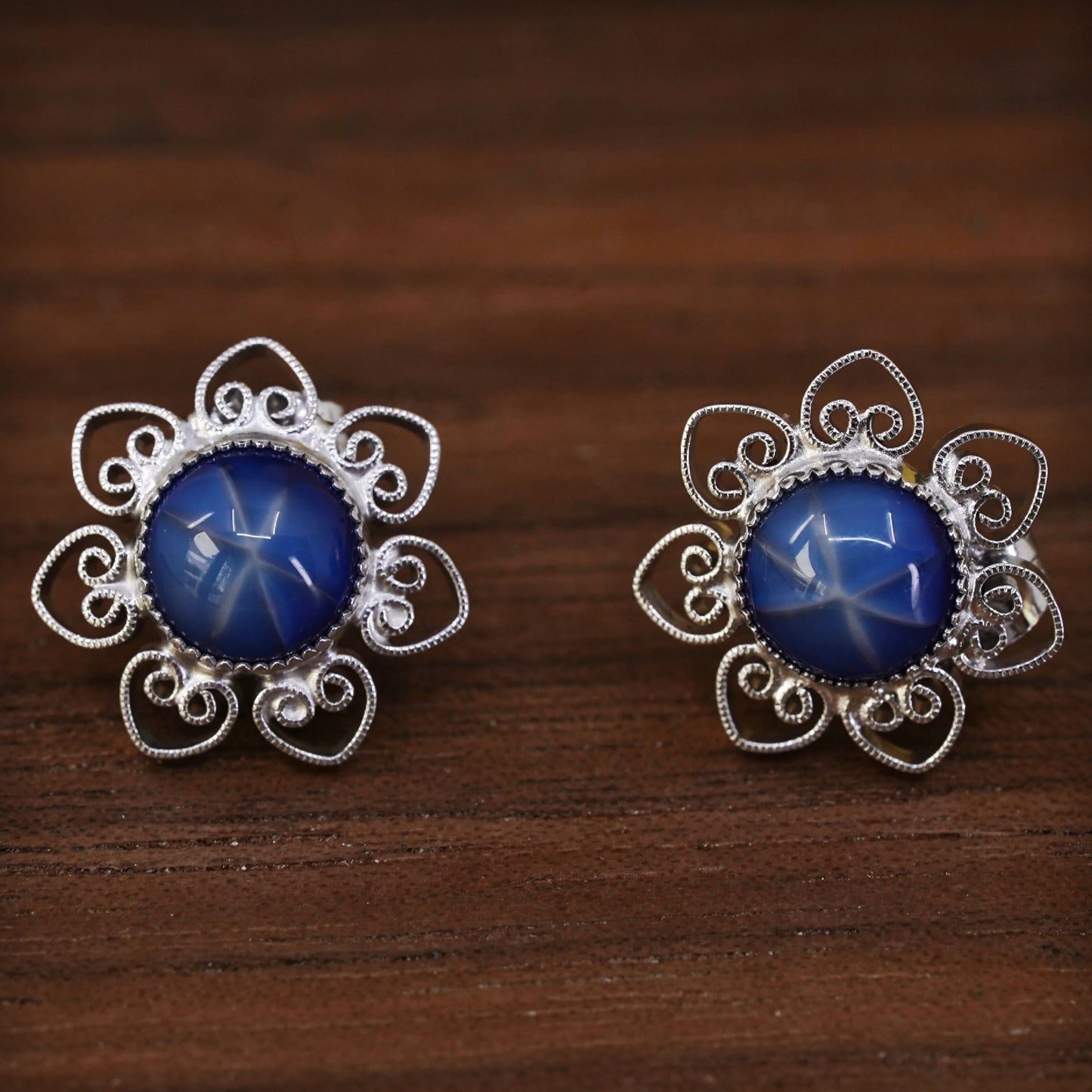 Vintage Sterling silver handmade earrings, 925 filigree studs w/ star sapphire