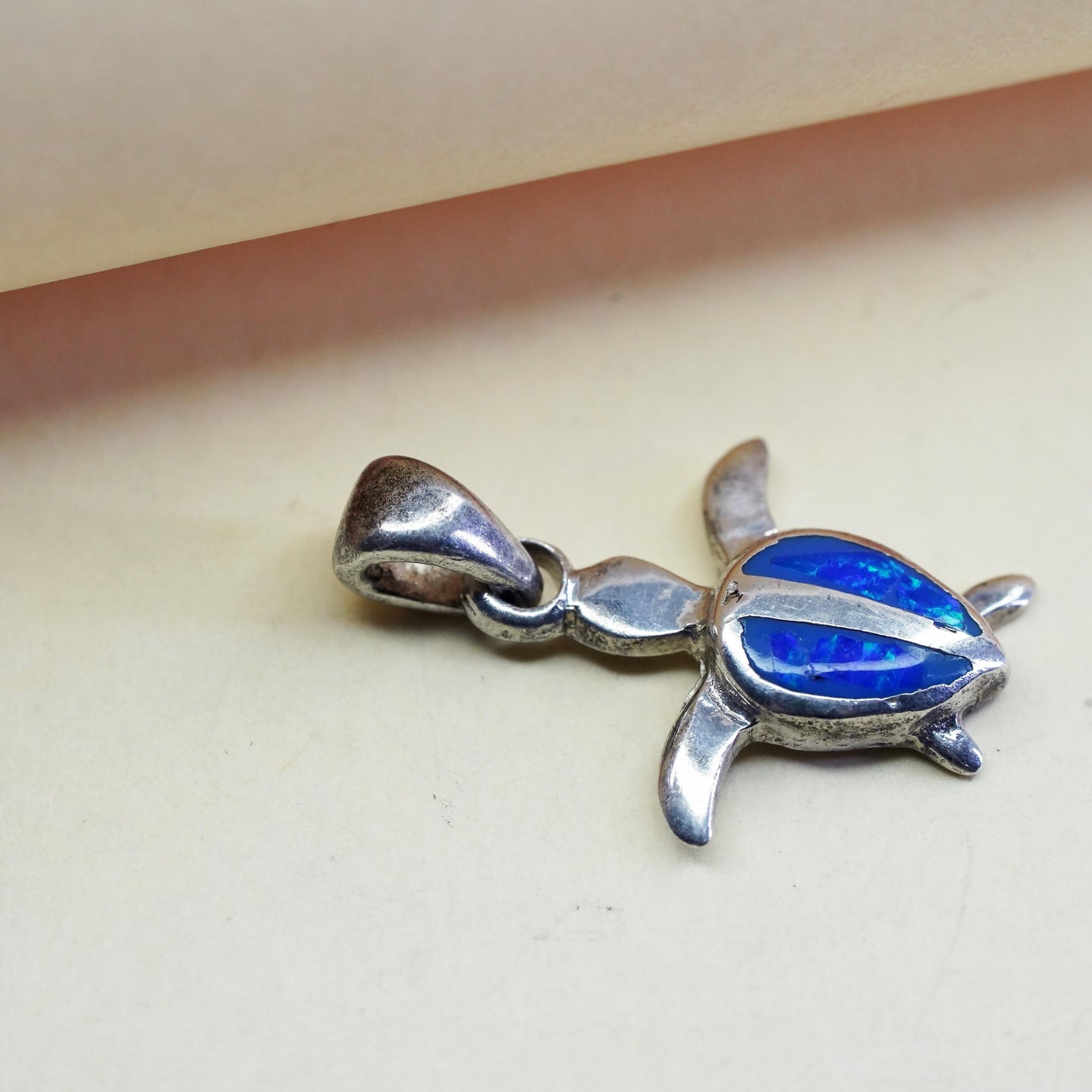 Vintage Sterling silver handmade pendant, 925 silver sea turtle pendant w/ opal