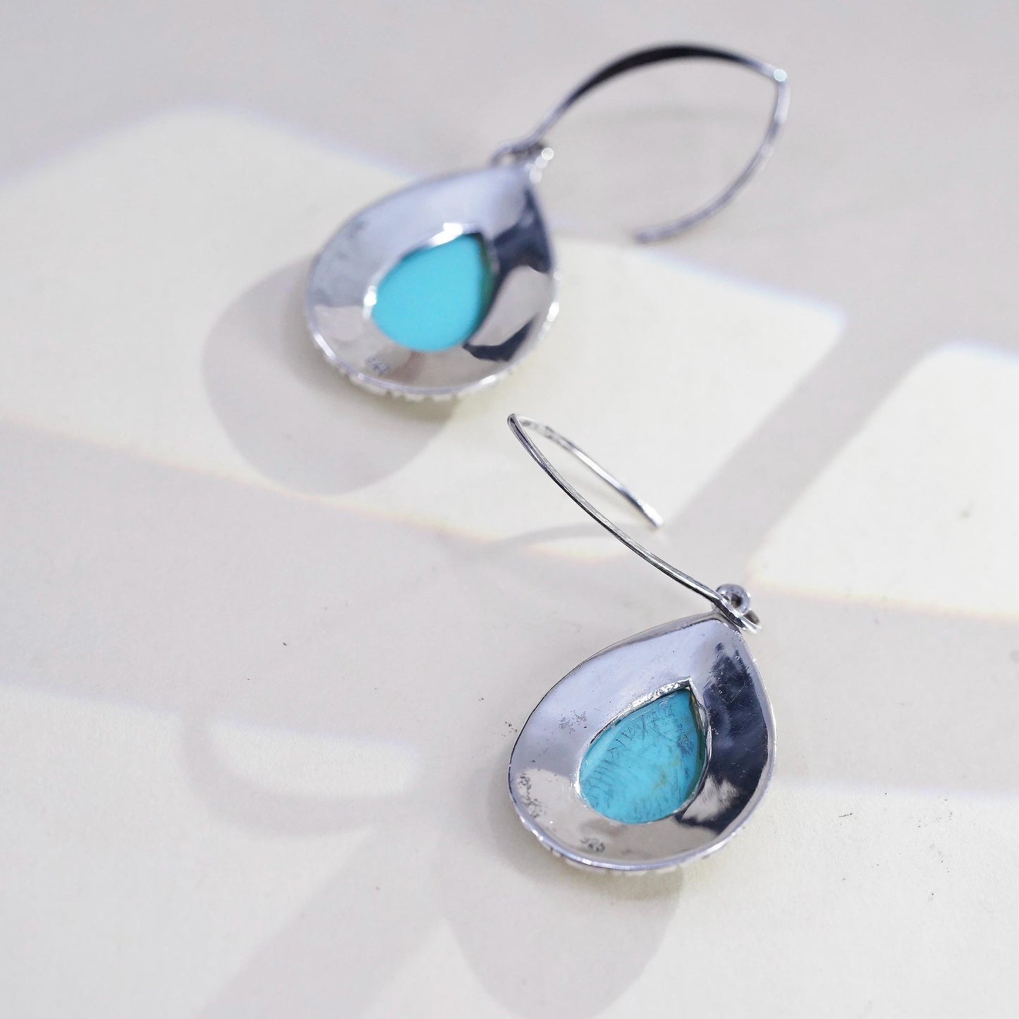Southwestern sterling silver 925 handmade textured teardrop earrings turquoise