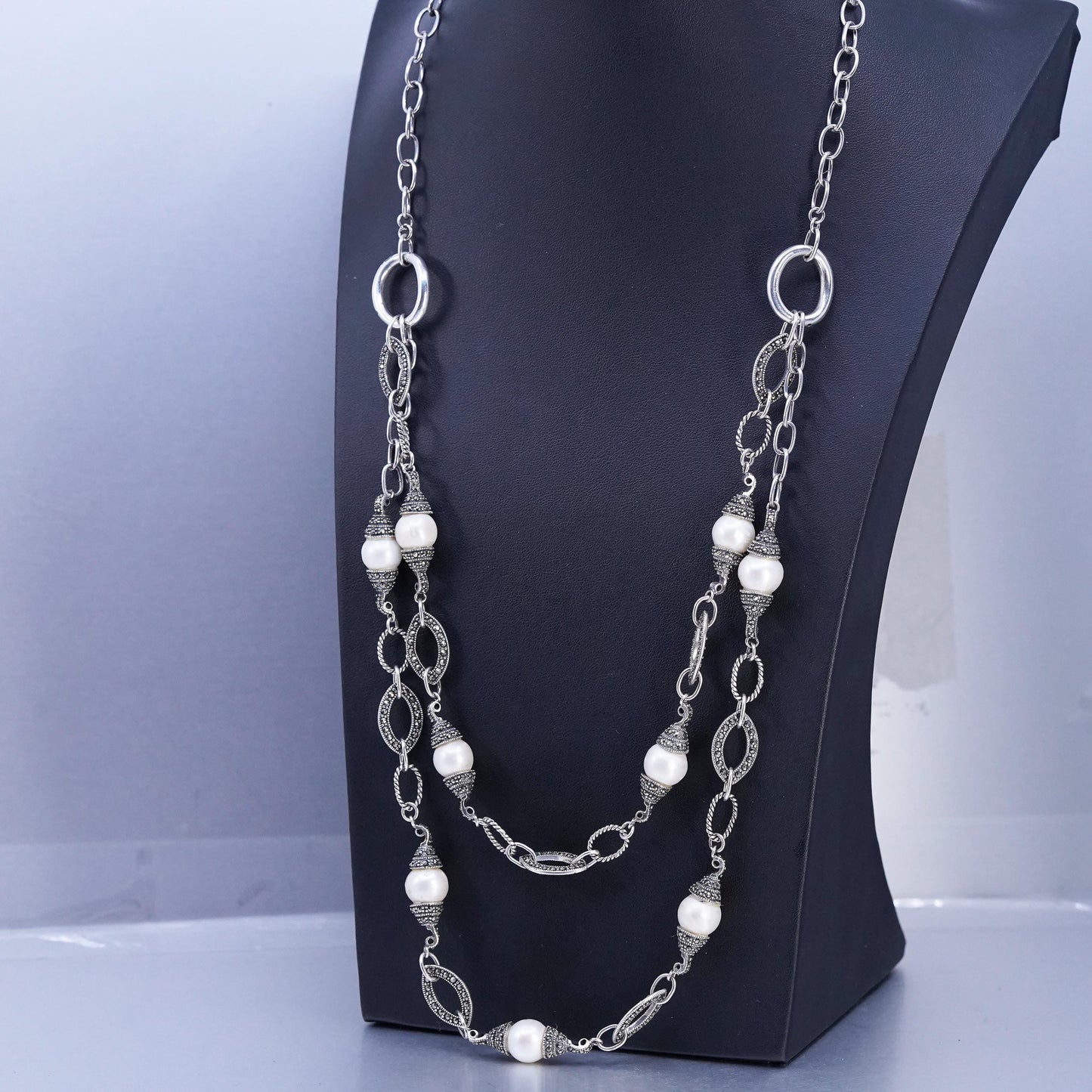 24", Sterling 925 silver double strands necklace double sided marcasite pearl
