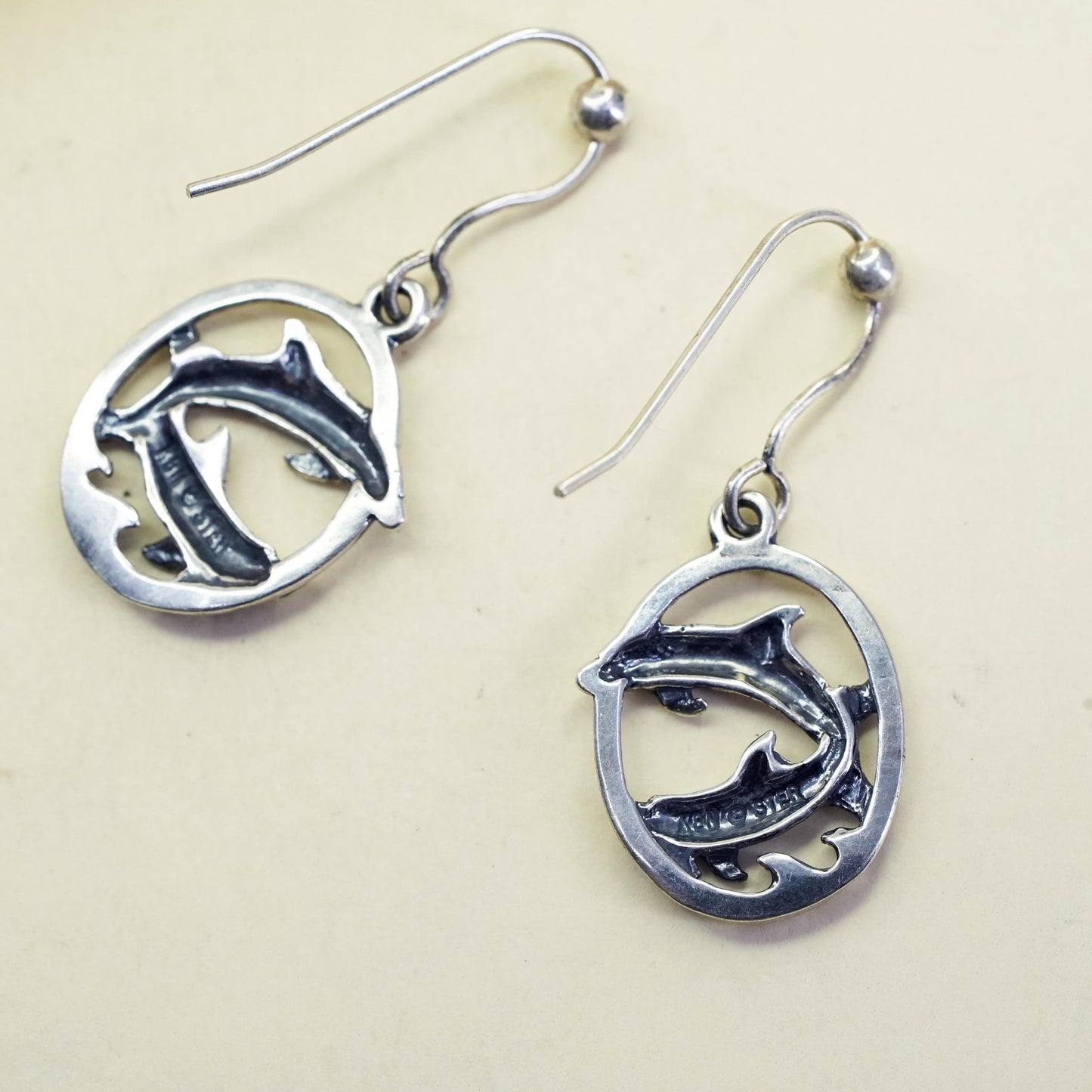 Vintage sterling 925 silver handmade dolphin drop earrings