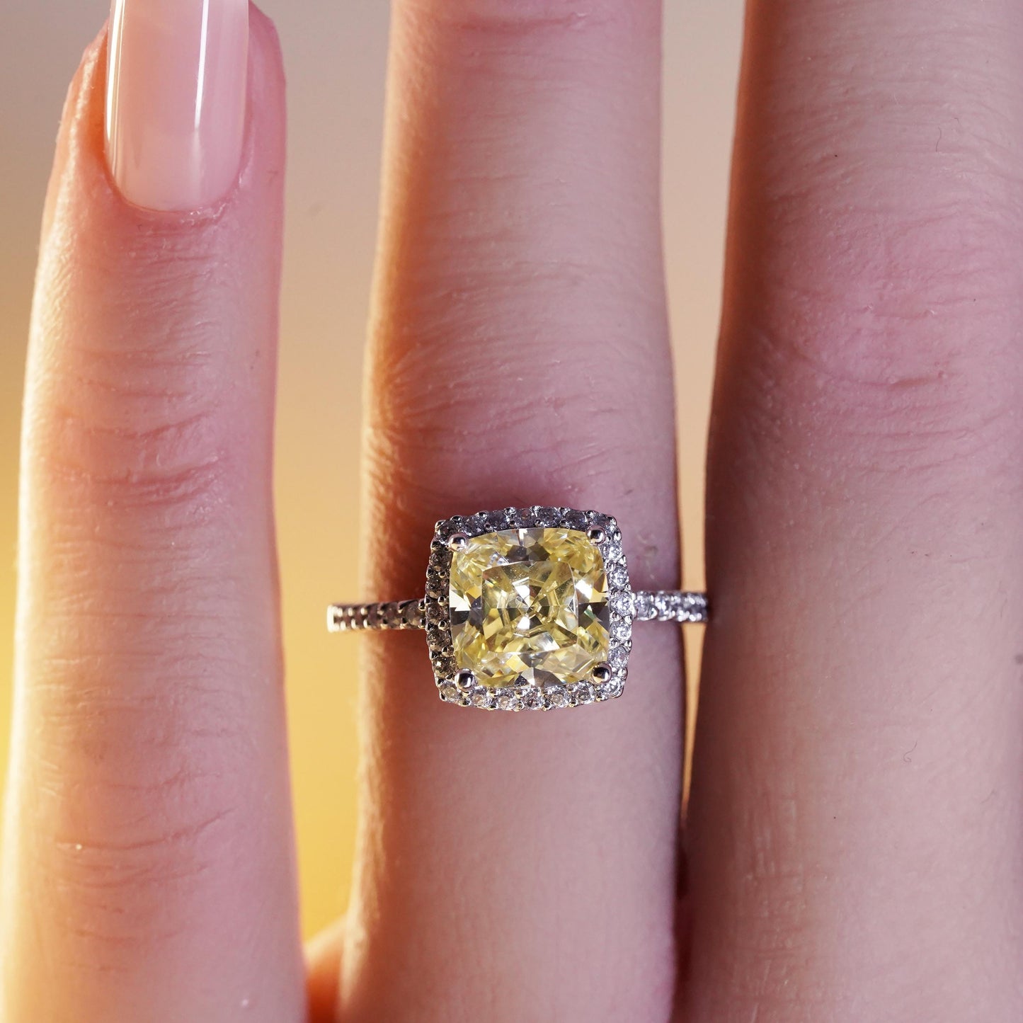 Size 6.5, vintage Sterling 925 silver ring with square citrine and cluster cz