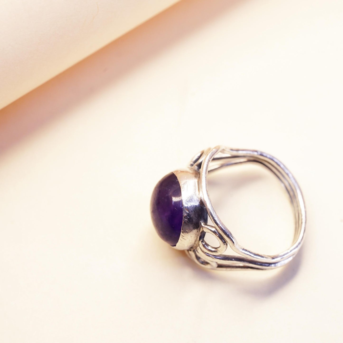 Size 8, vintage Sterling silver handmade ring, 925 band with dome amethyst