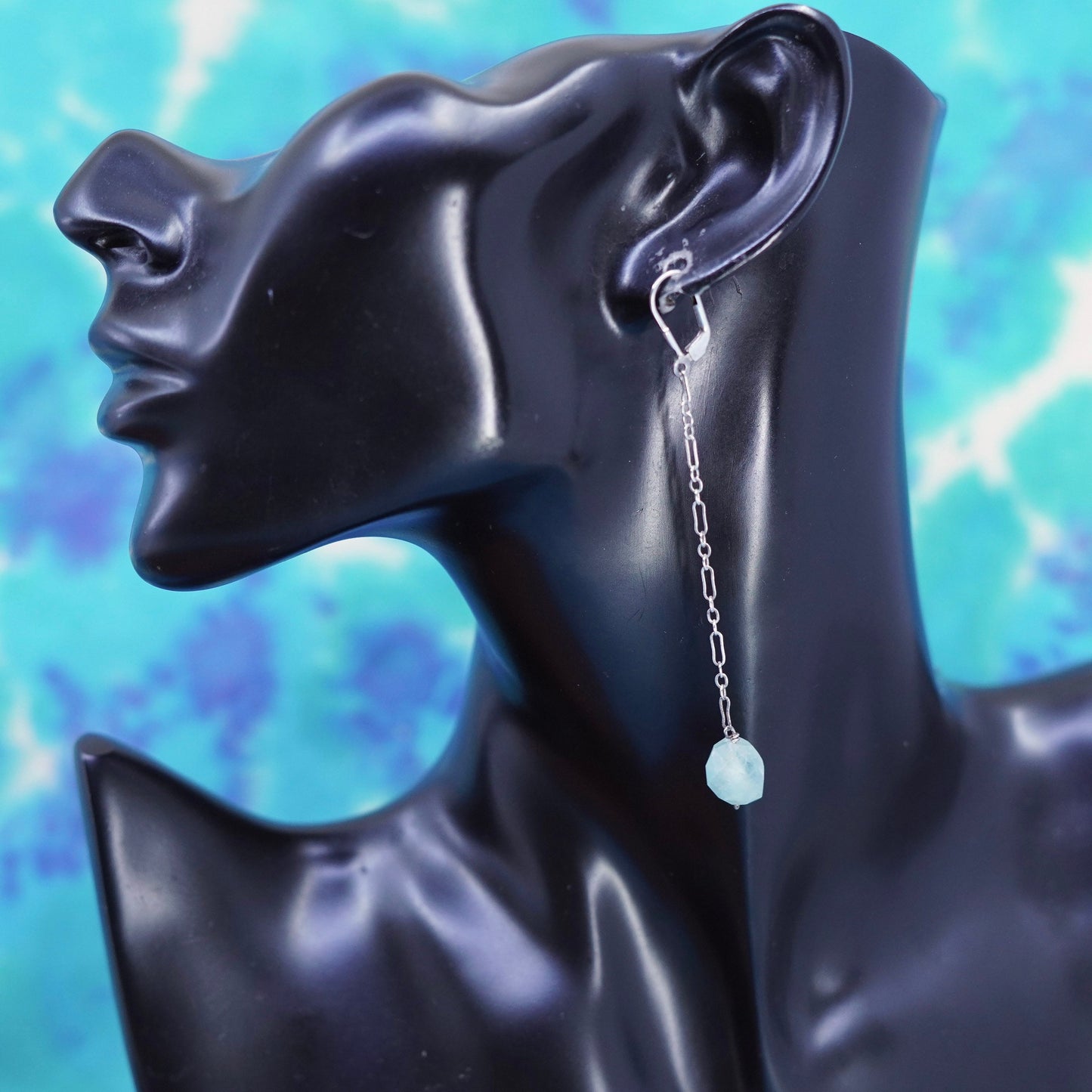 Vintage sterling silver handmade earrings, 925 chain drop with jadeite nugget