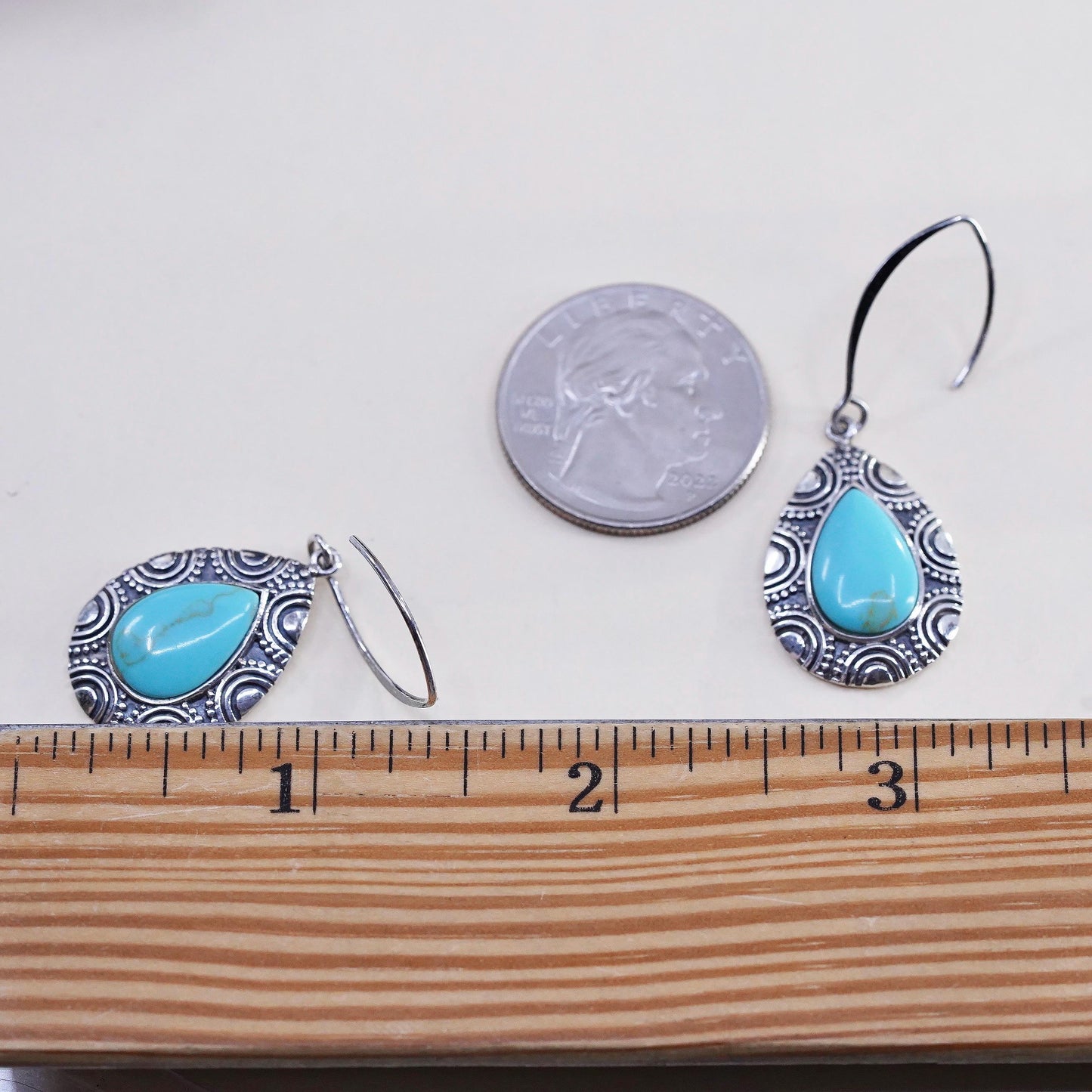Southwestern sterling silver 925 handmade textured teardrop earrings turquoise