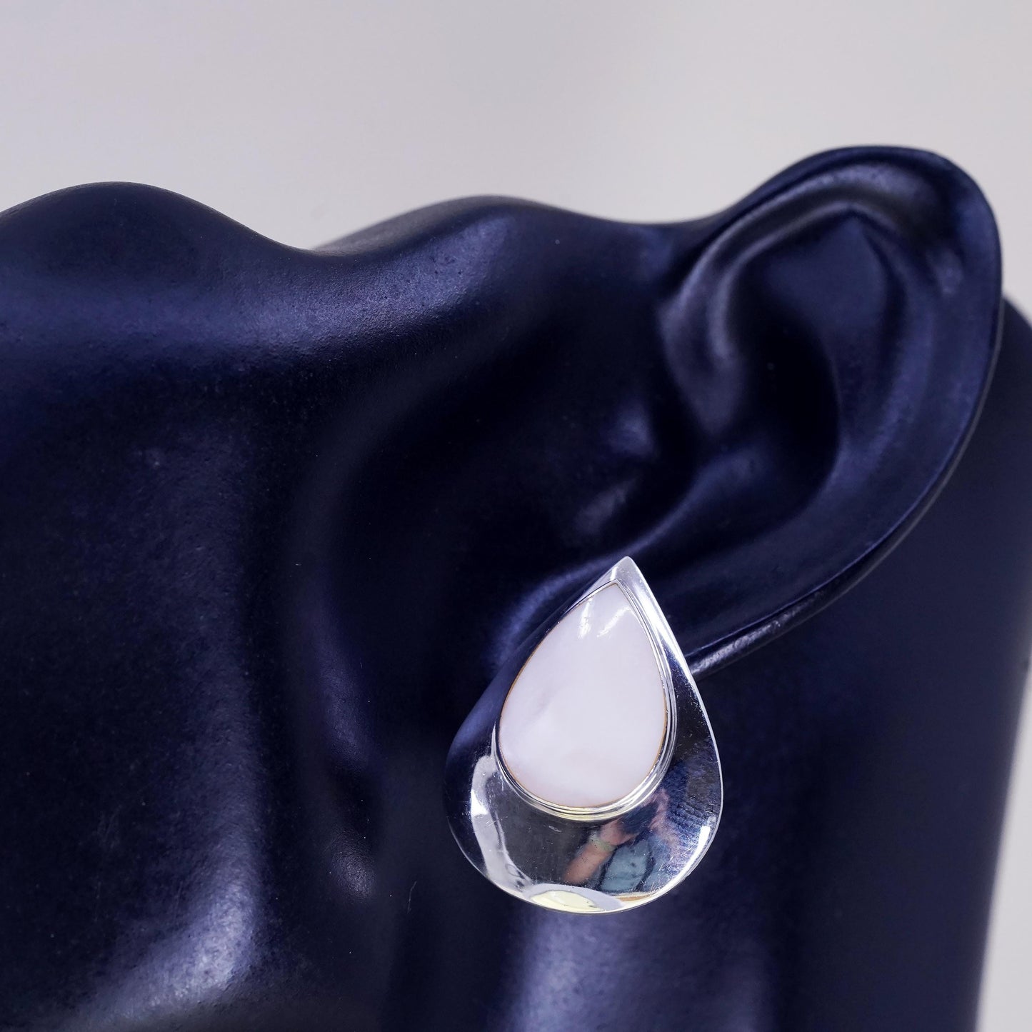 Vintage Sterling silver handmade earrings, 925 teardrop studs mother of pearl