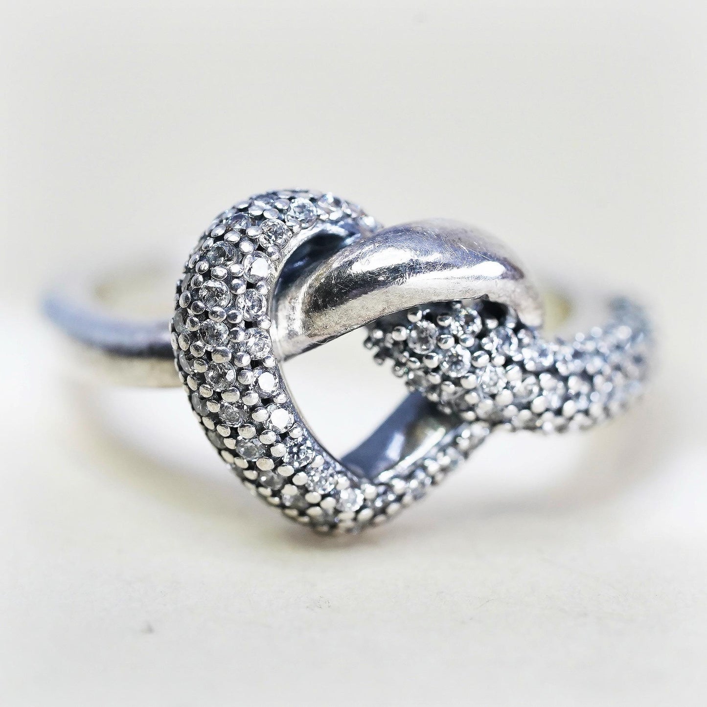 Size 4.25, VTG ALE Pandora Sterling 925 silver ring cluster cz knotted heart