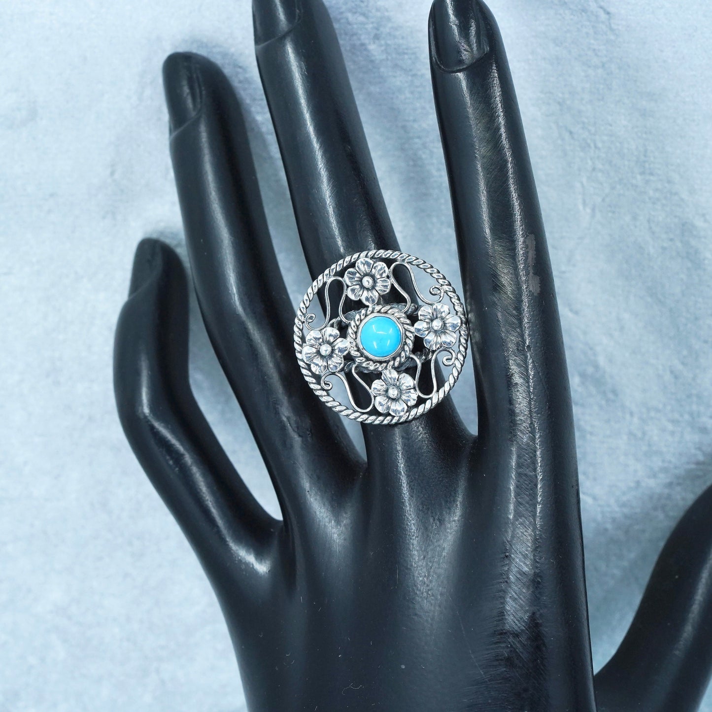 Size 6, Native American navajo Sterling 925 silver flower ring with turquoise