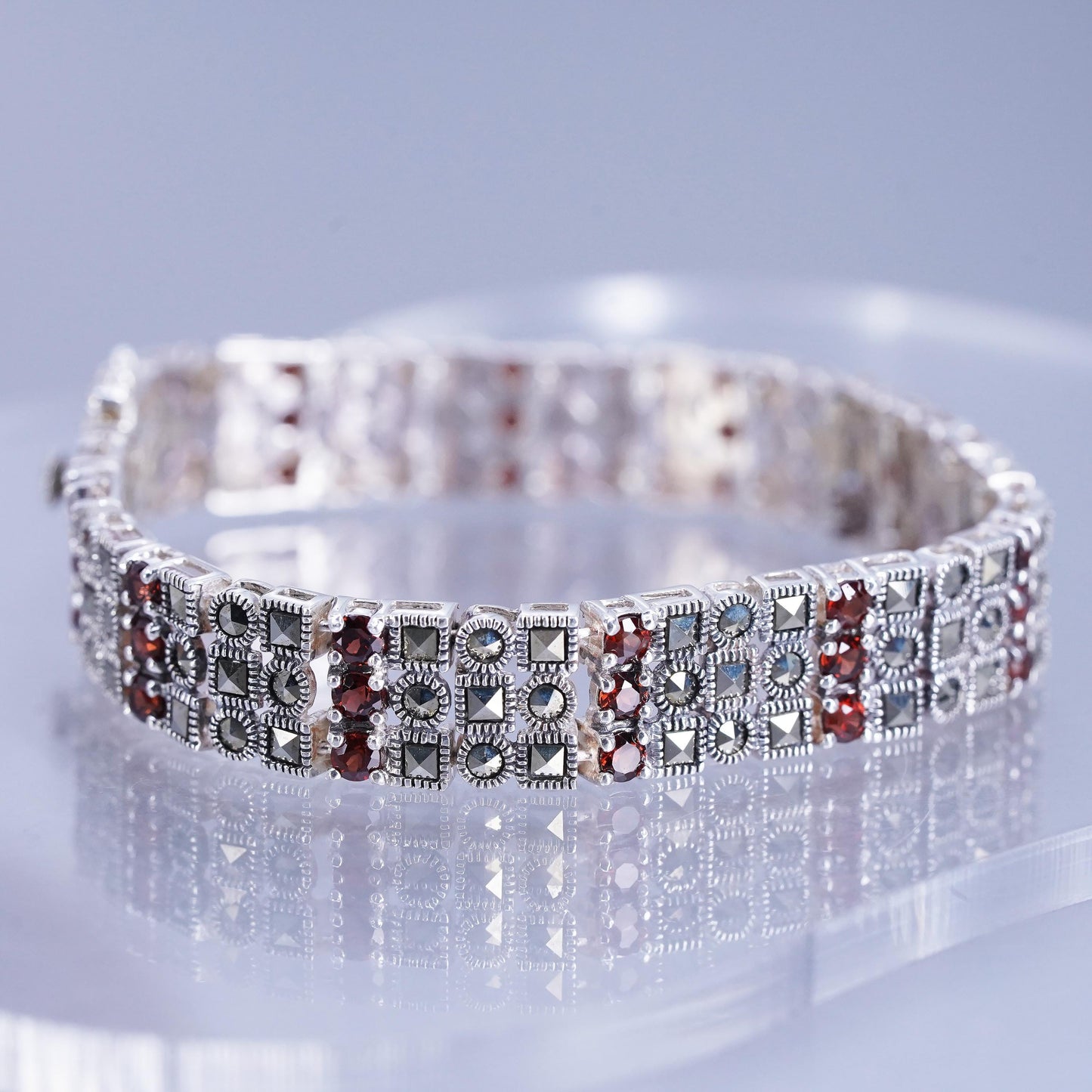 7”, Sterling 925 silver handmade tennis bracelet with garnet and marcasite