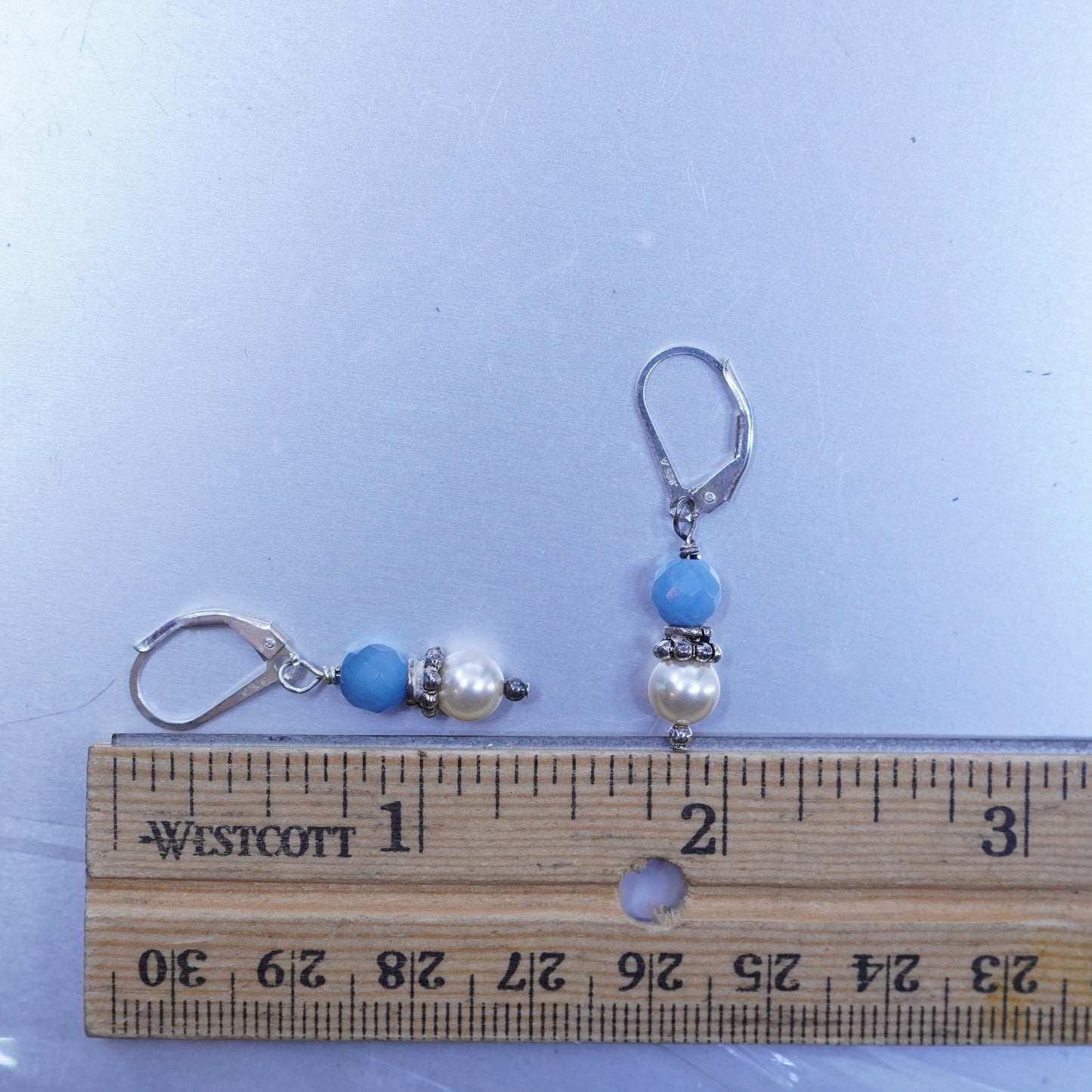 Vintage sterling silver 925 earrings with pearl and blue crystal