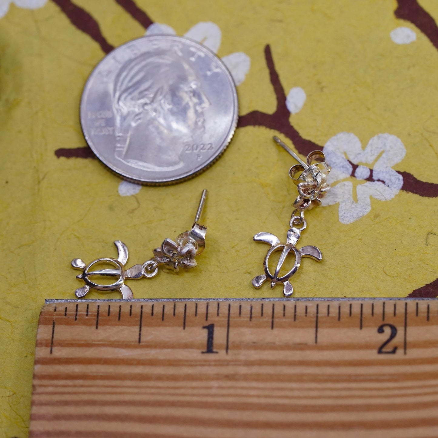 Vintage Sterling silver earrings, 925 plumeria flower studs with turtle dangles