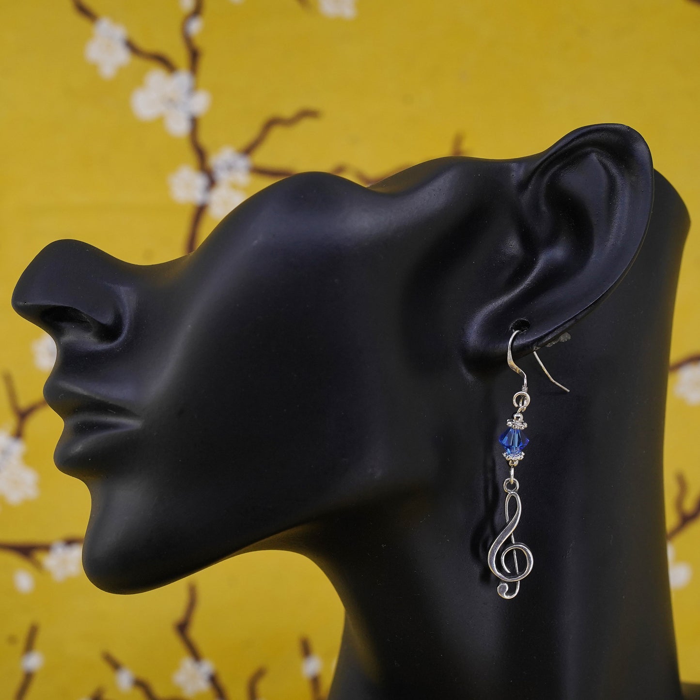 Vintage Sterling silver handmade earrings, 925 music note with blue crystal