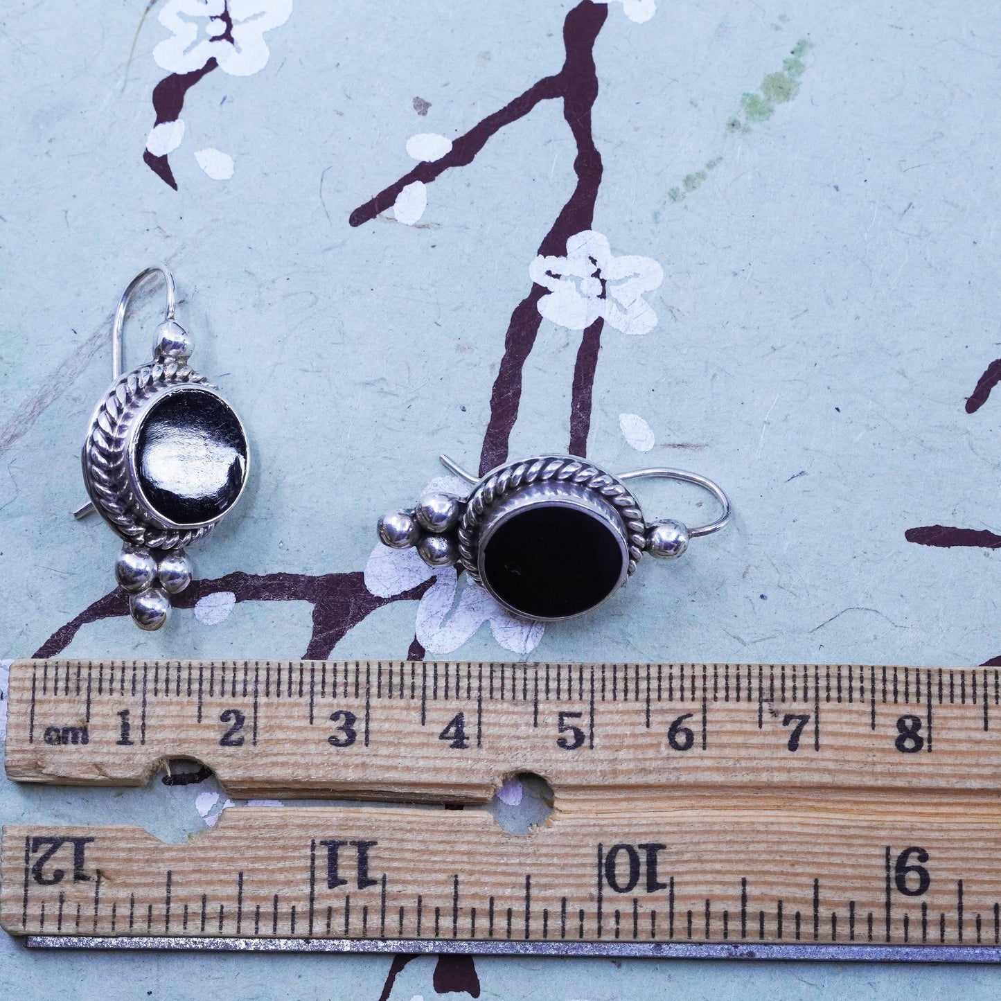 Vintage sterling 925 silver handmade earrings with circle onyx and beads