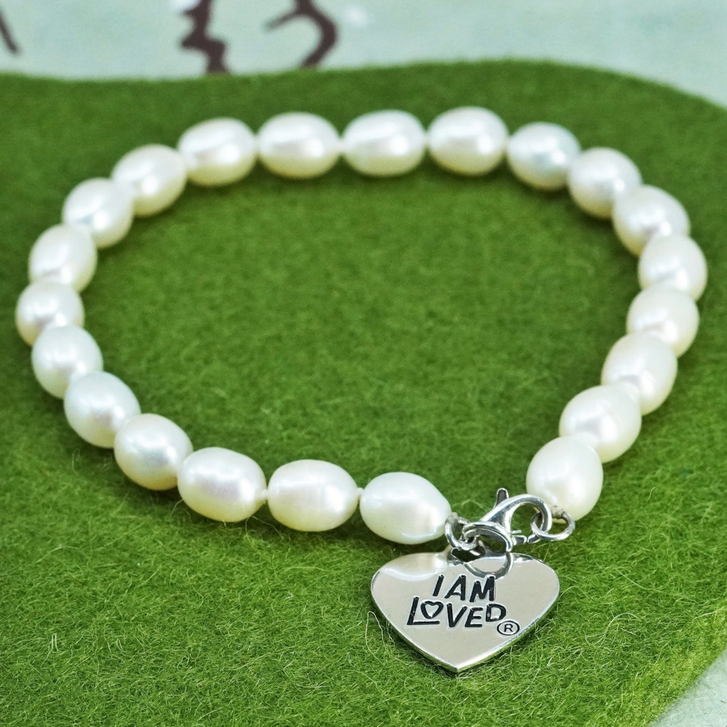 7.5”, sterling silver bracelet, pearl beads with 925 heart charm “I am loved