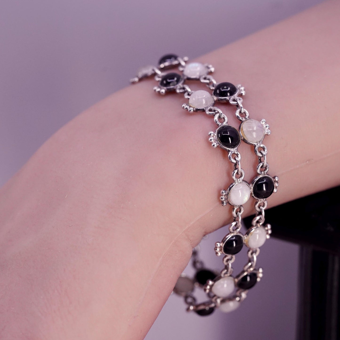 7", vintage sterling 925 silver handmade bracelet with moonstone and onyx